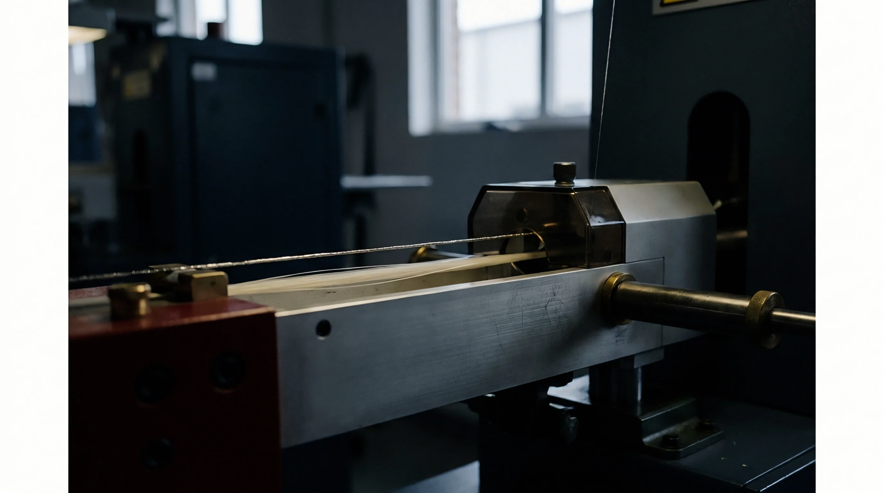 A specialized laboratory machine precisely tests a delicate twisted fiber strand and a flat textile material within a controlled industrial environment.