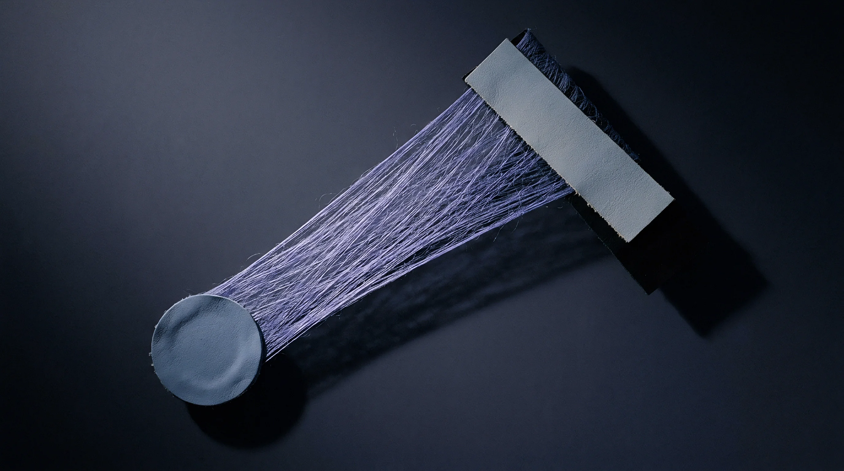 Parallelized monofilaments are held under tension between two dark material fixtures on a dark, reflective surface.