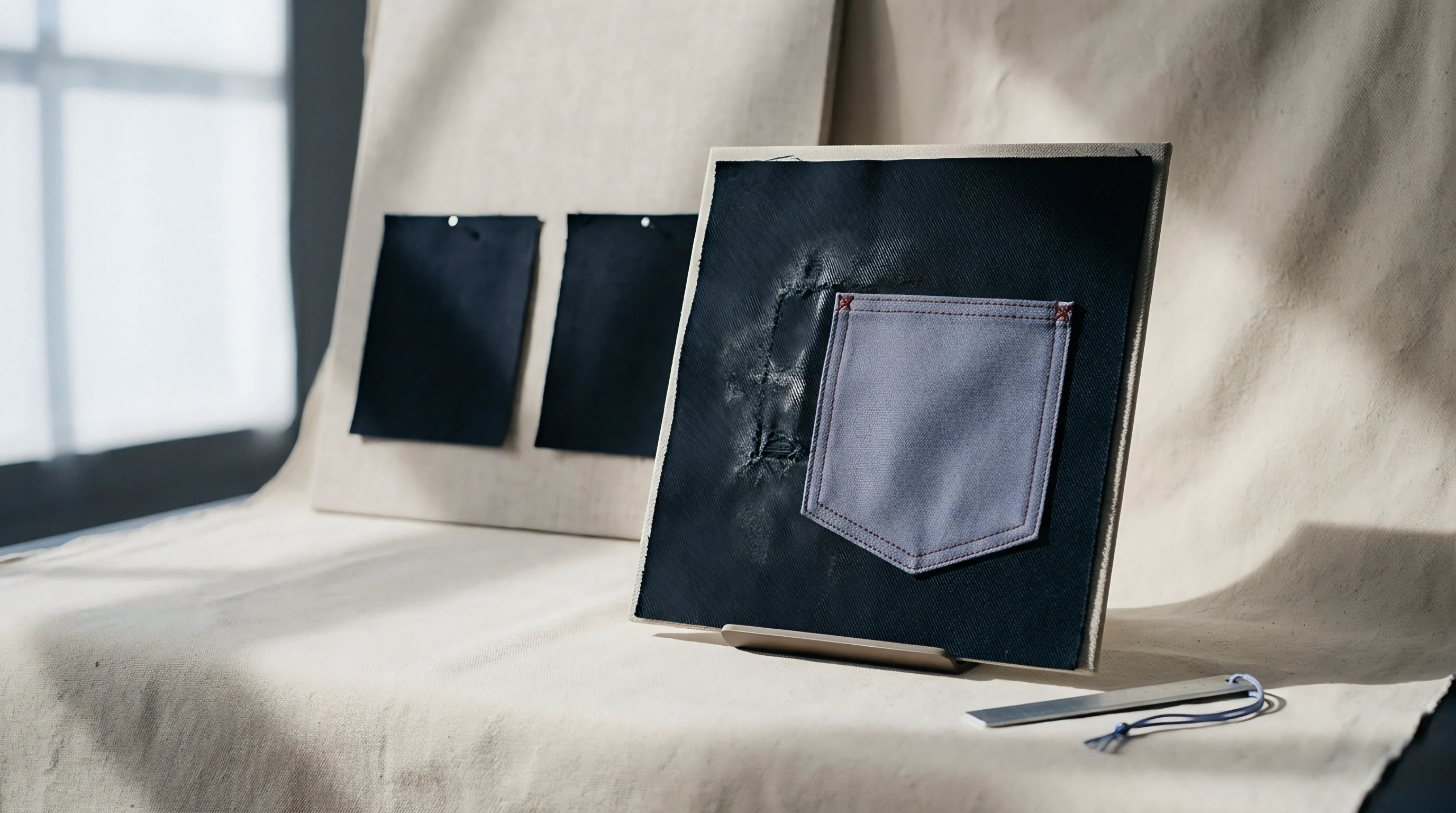 Multiple textile samples for material evaluation include dark blue swatches and a light denim-style pocket attached to a presentation board.