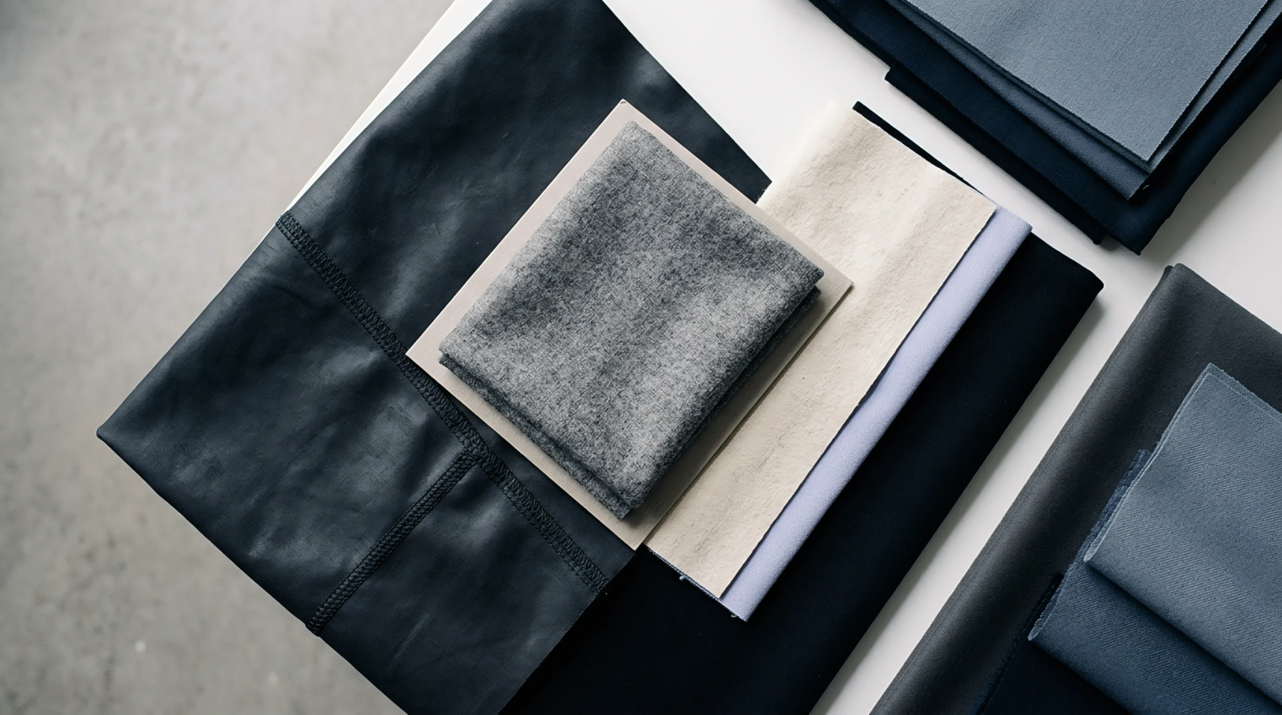 Fabric swatches in slate blue grey black and cream lie assembled on a white surface for textile collection development.