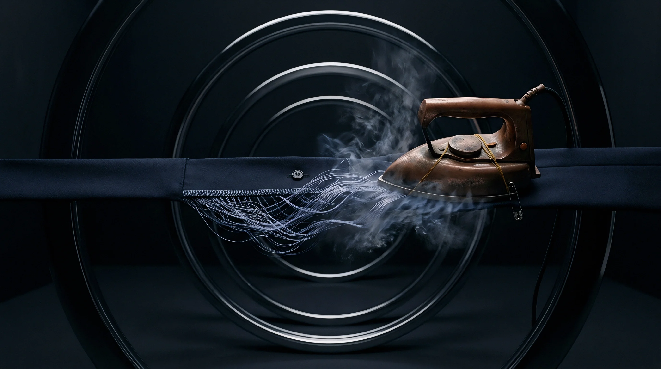 A stylized illustration shows an antique iron applying heat to dark fabric, emitting steam and aligning textile fibers.