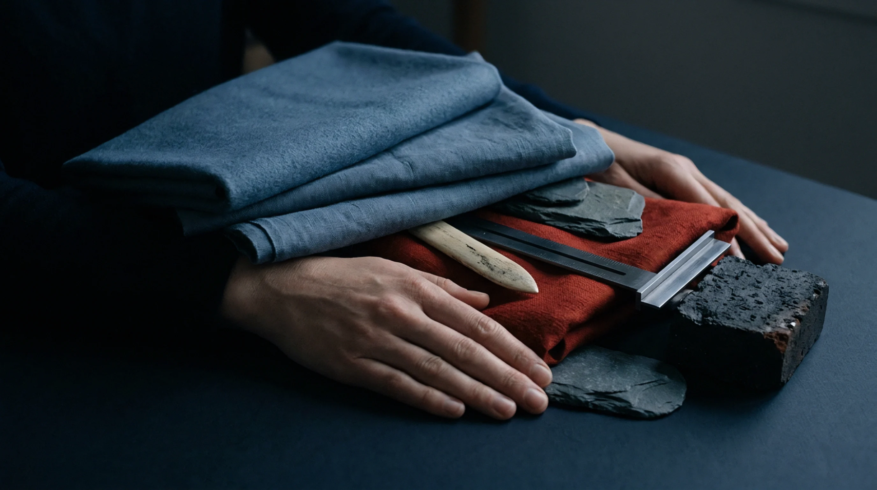 Folded segments of indigo linen and terracotta colored fiber rest on a dark surface beside stone weights and professional marking tools.