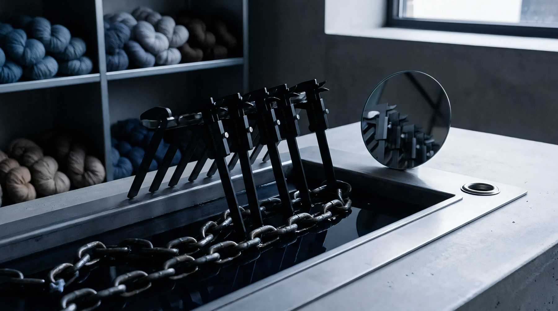 Black calipers hold metal chains dipped into a dark dye bath on a concrete counter beside shelves of yarn skeins.