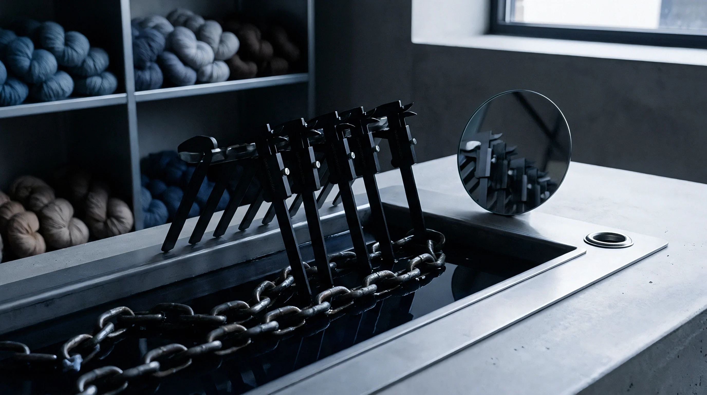 Black calipers hold metal chains dipped into a dark dye bath on a concrete counter beside shelves of yarn skeins.