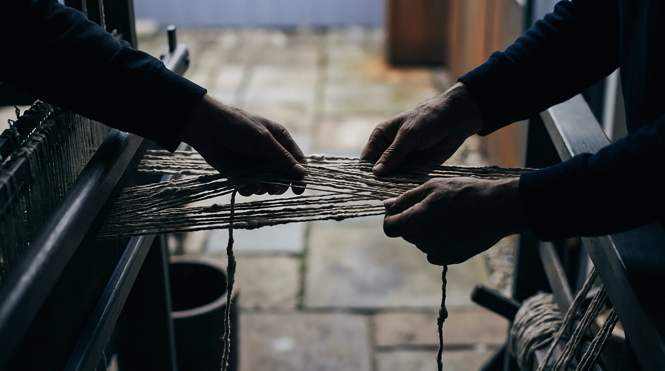 Hands of two craftspeople tension and arrange untwisted natural yarn strands across a metal handloom frame outdoors.