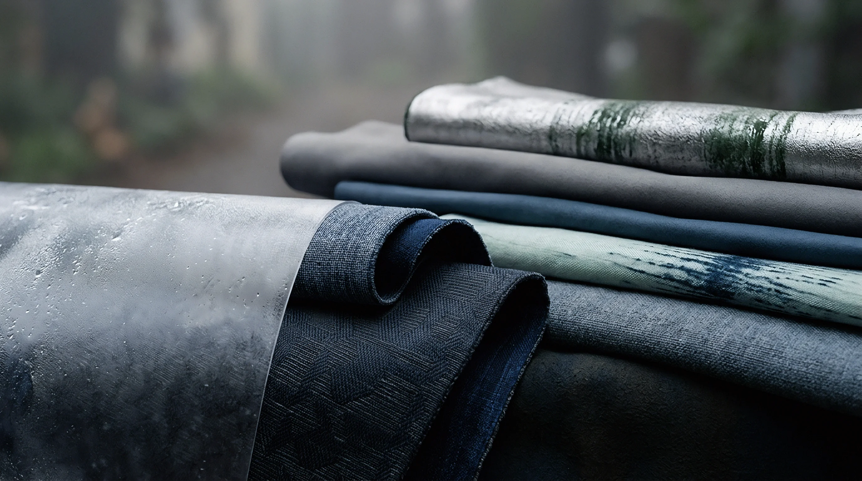 Layered performance textiles and coated technical fabrics rest on an outdoor surface amid a misty woodland backdrop.