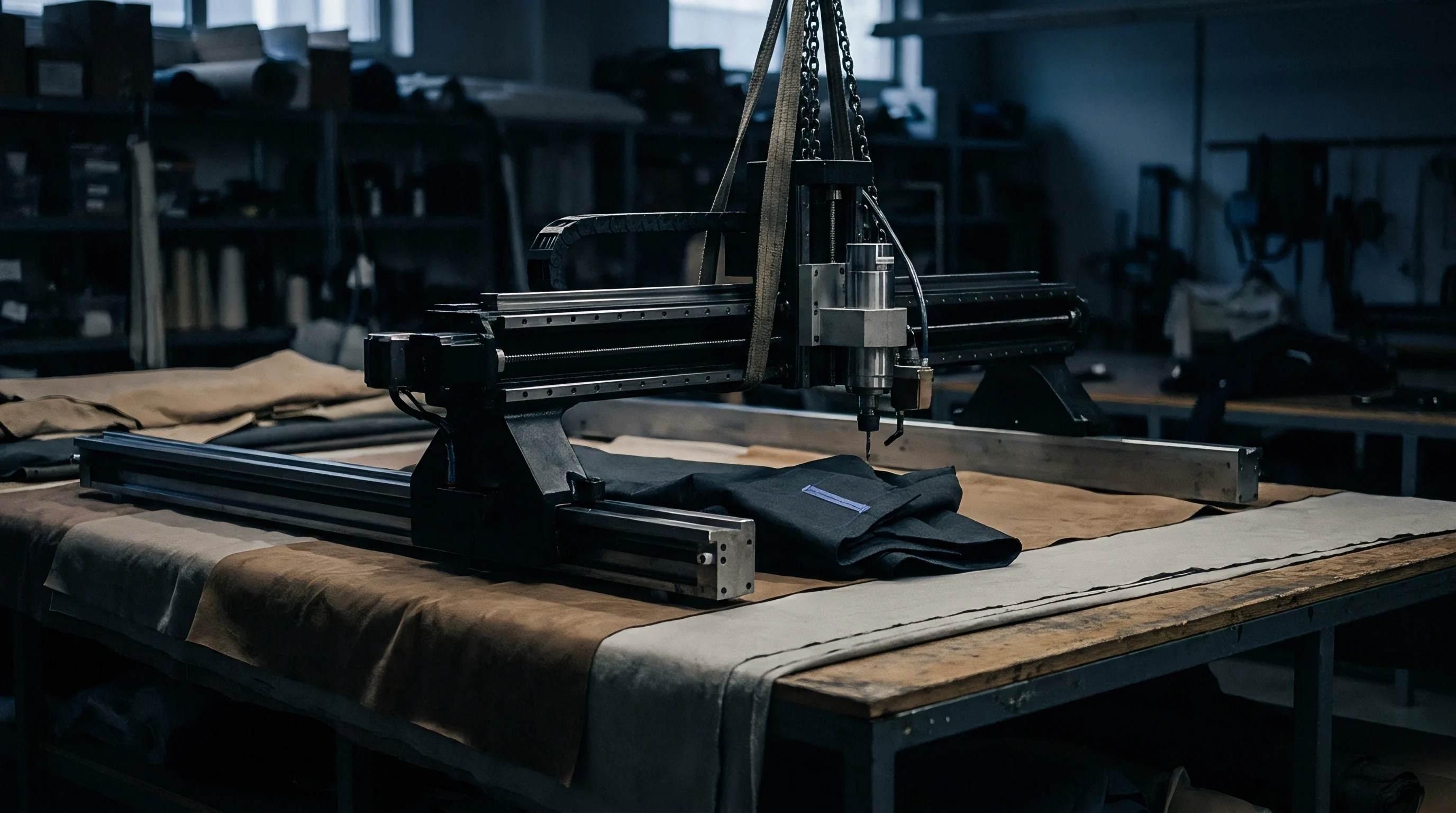 Heavy industrial cutting gantry positions its spindle above stacked fabric layers spread across a long wooden manufacturing table.