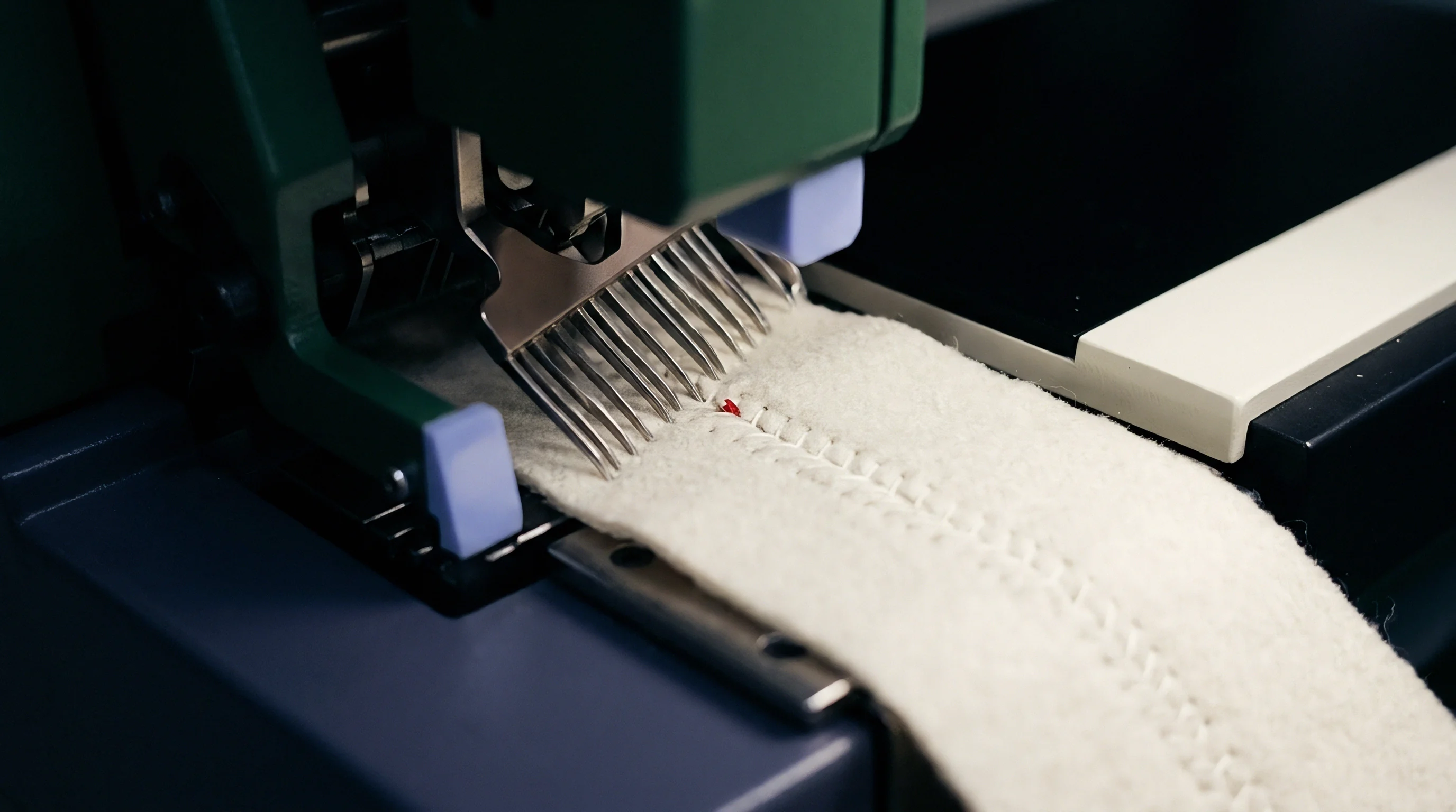 Multiple vertical steel needles pierce a thick white nonwoven web inside an industrial textile manufacturing machine during consolidation.