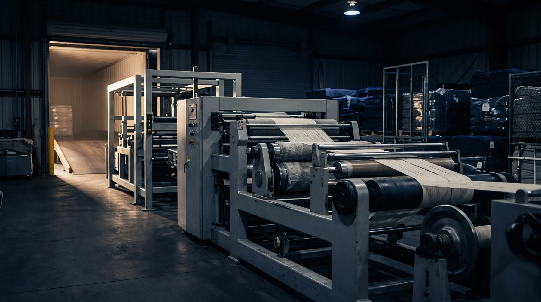 An industrial loom processes woven textile sheets within a warehouse factory floor setting containing stacked rolls of finished fabric near an open loading dock.