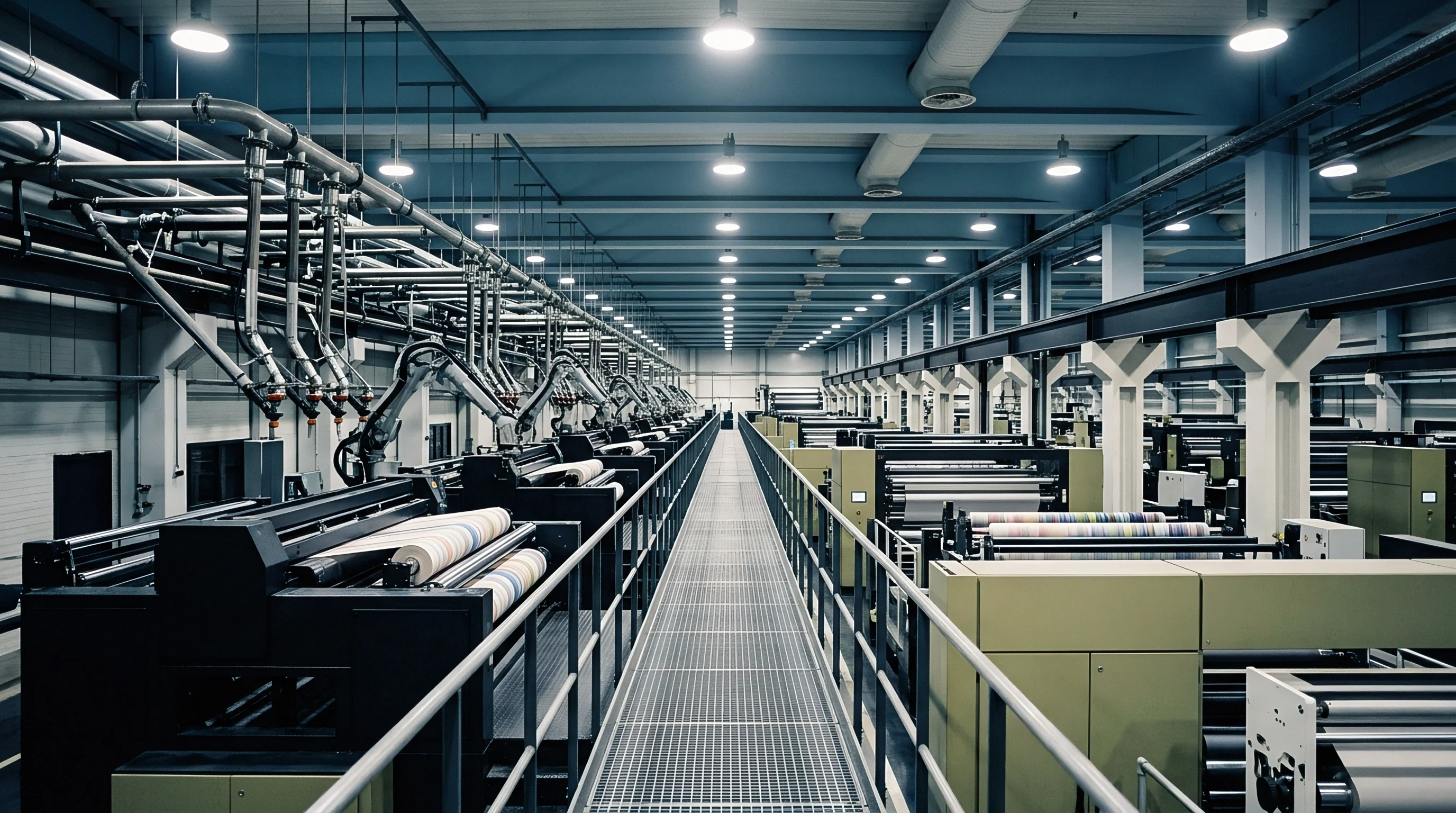 Rows of heavy industrial machinery process continuous webs of material inside a vast manufacturing plant beneath steel girders.