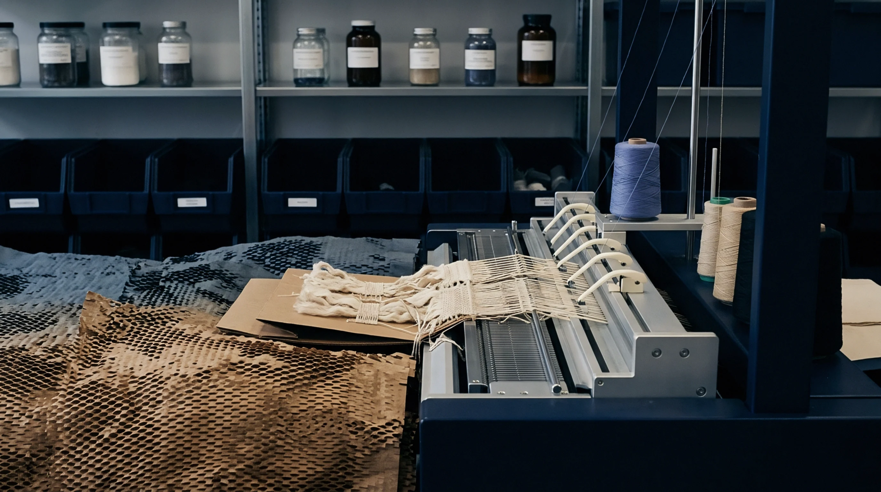A digital desktop loom processes off white technical yarn samples on a workbench in a laboratory filled with glass dye pigment jars.
