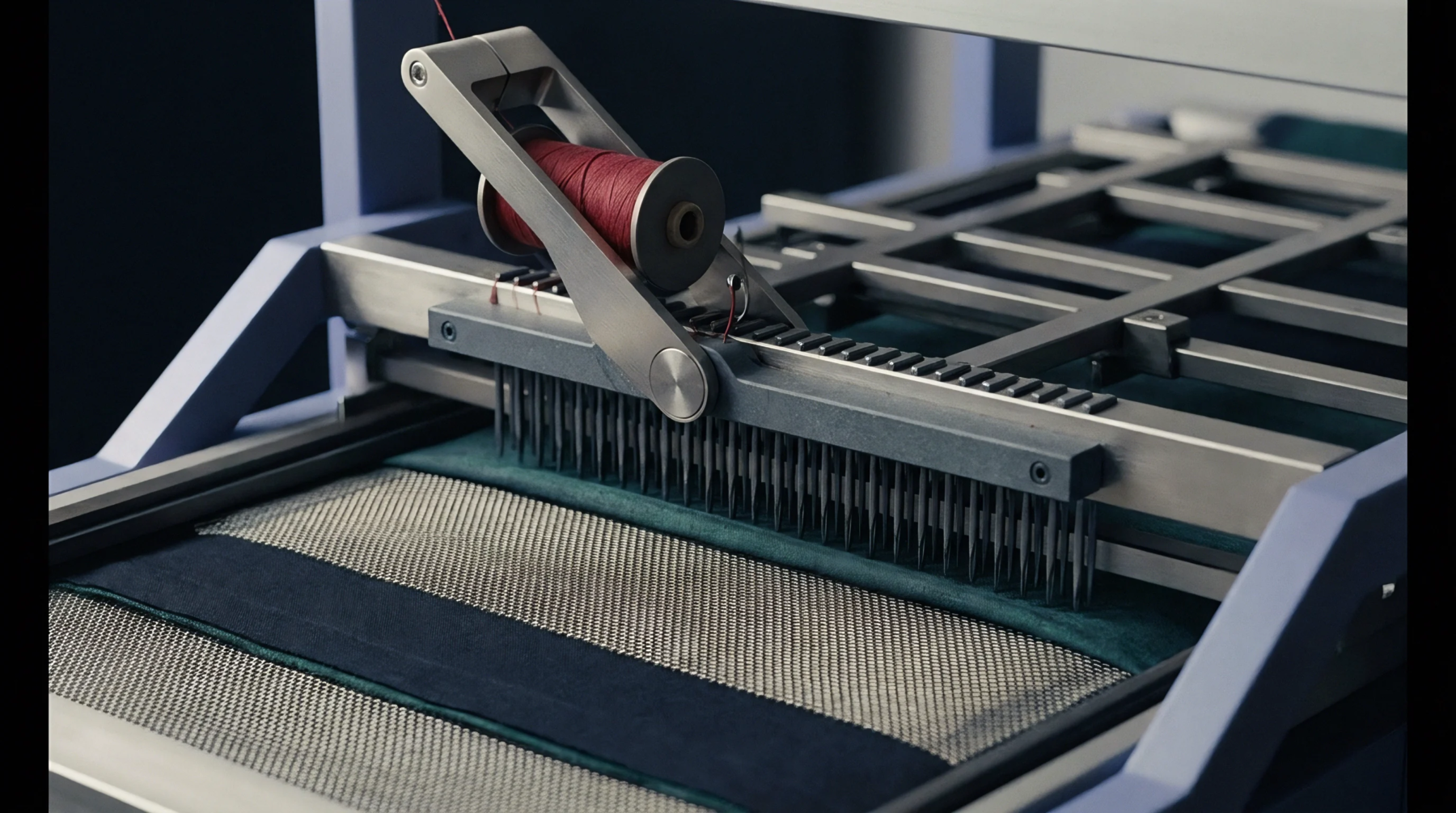 A digital illustration presents a multi-needle stitching carriage feeding red thread into a composite fabric roll on a metallic conveyor frame.