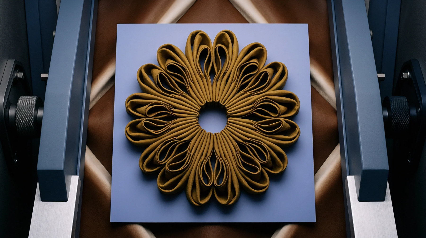 A digital render shows a symmetrical rosette of pleated gold fabric on a blue square platform within a conveyor system.