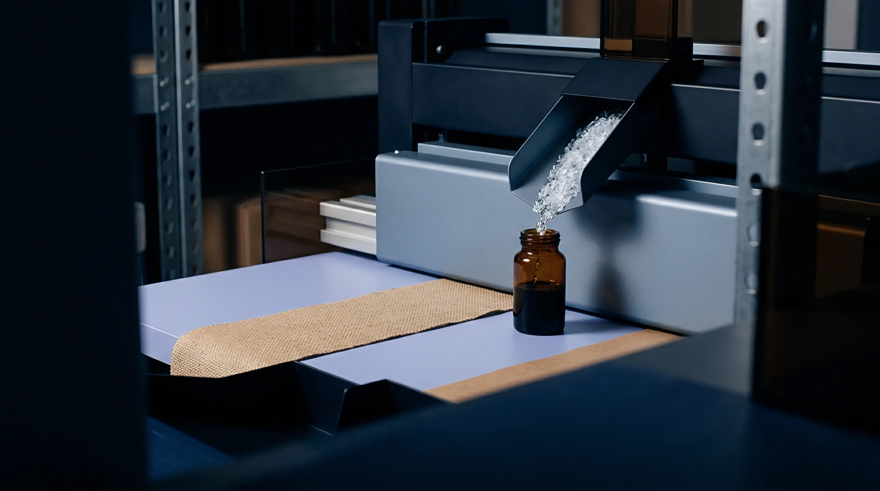 Mechanical hopper dispenses clear polymer pellets into an amber bottle beside a woven textile strap on an industrial workbench.