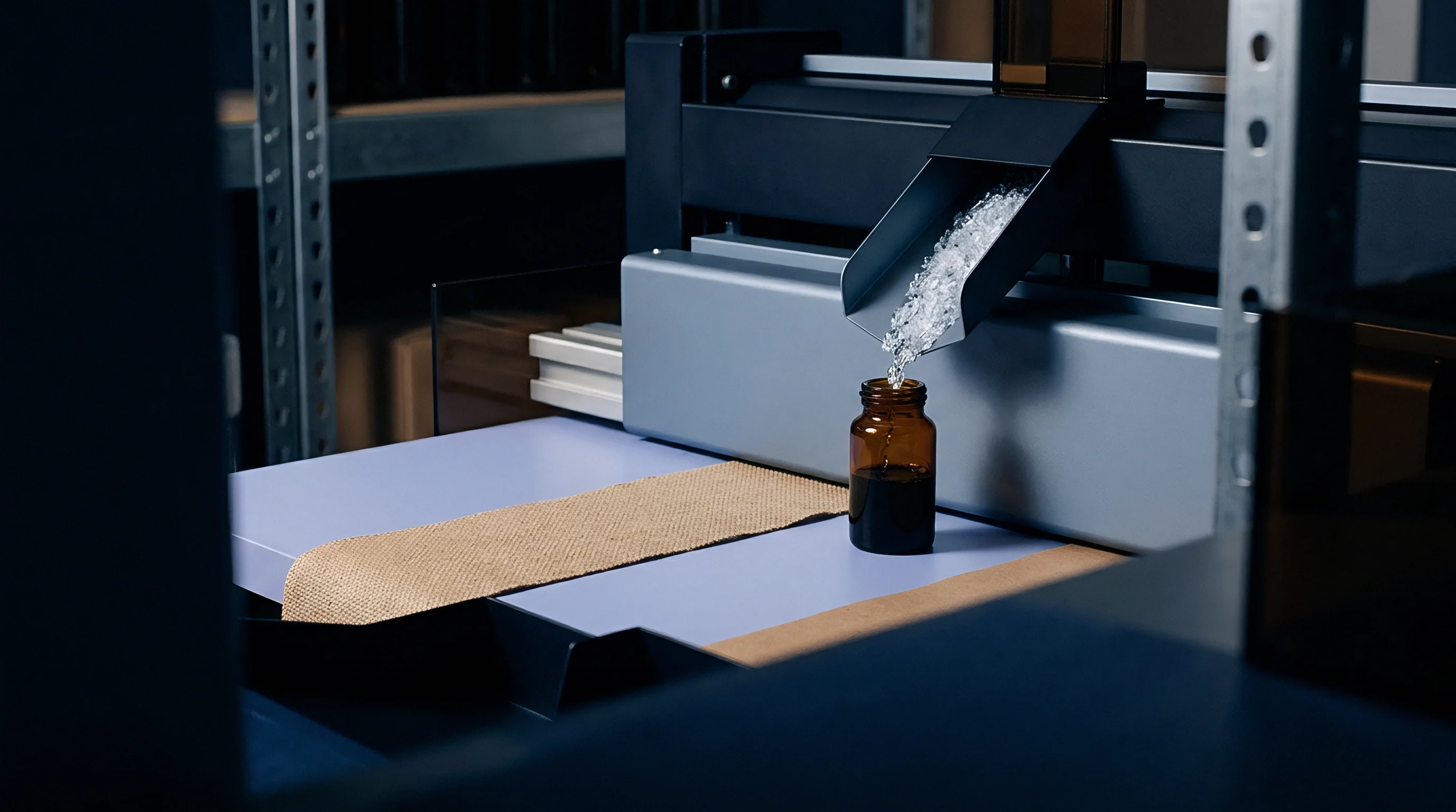 Mechanical hopper dispenses clear polymer pellets into an amber bottle beside a woven textile strap on an industrial workbench.