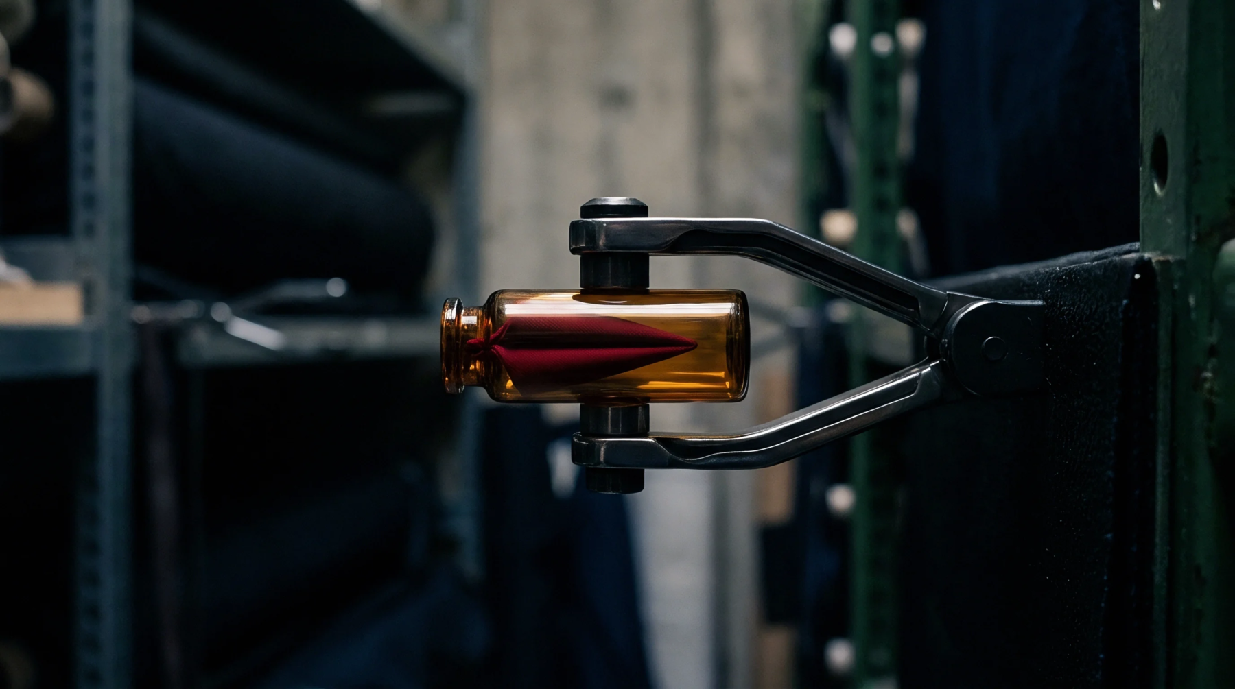 Mechanical gripper holds an amber glass vial containing a red dye capsule inside an industrial textile warehouse facility.