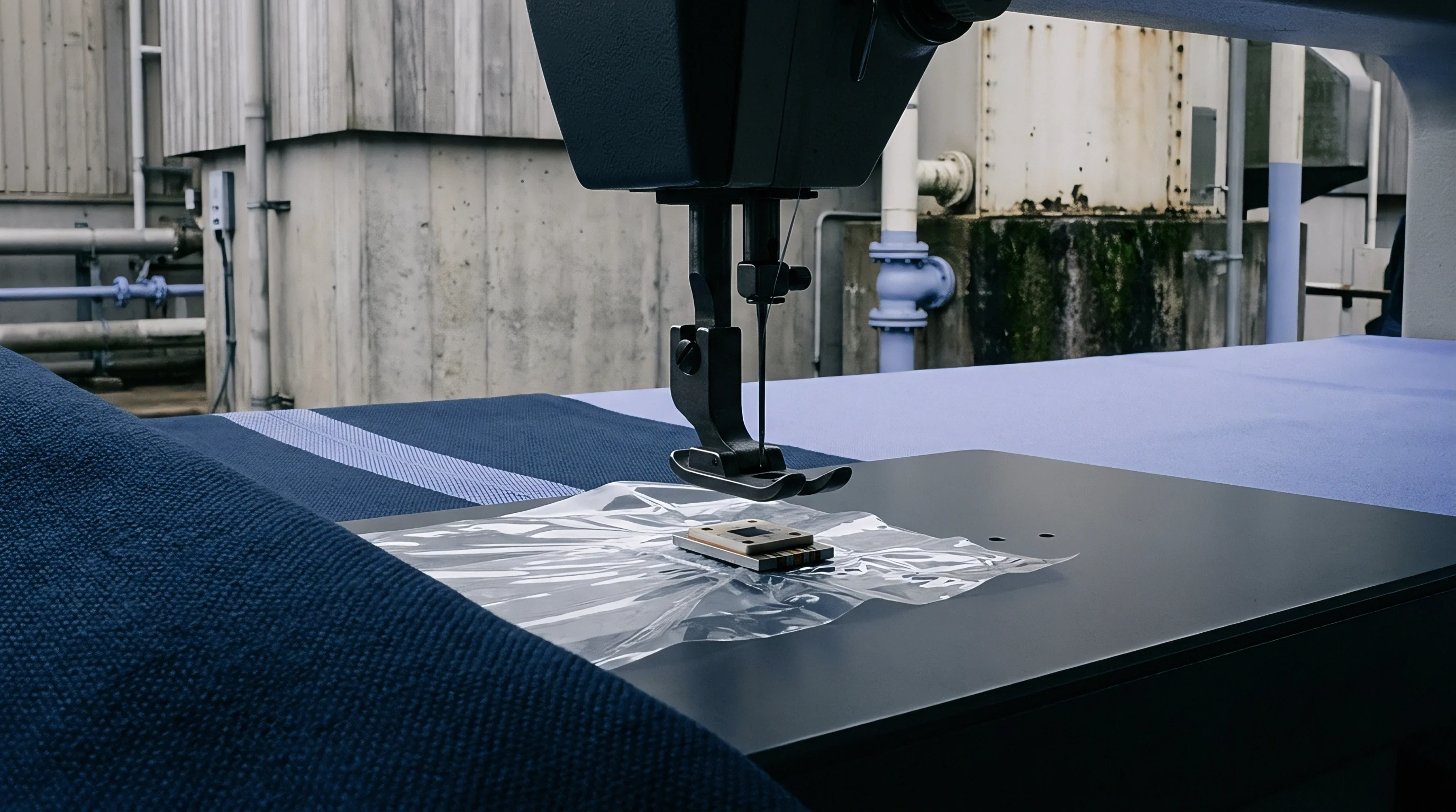 An industrial sewing machine head descends toward a packaged technical fabric sample resting upon a flat production table inside a factory.