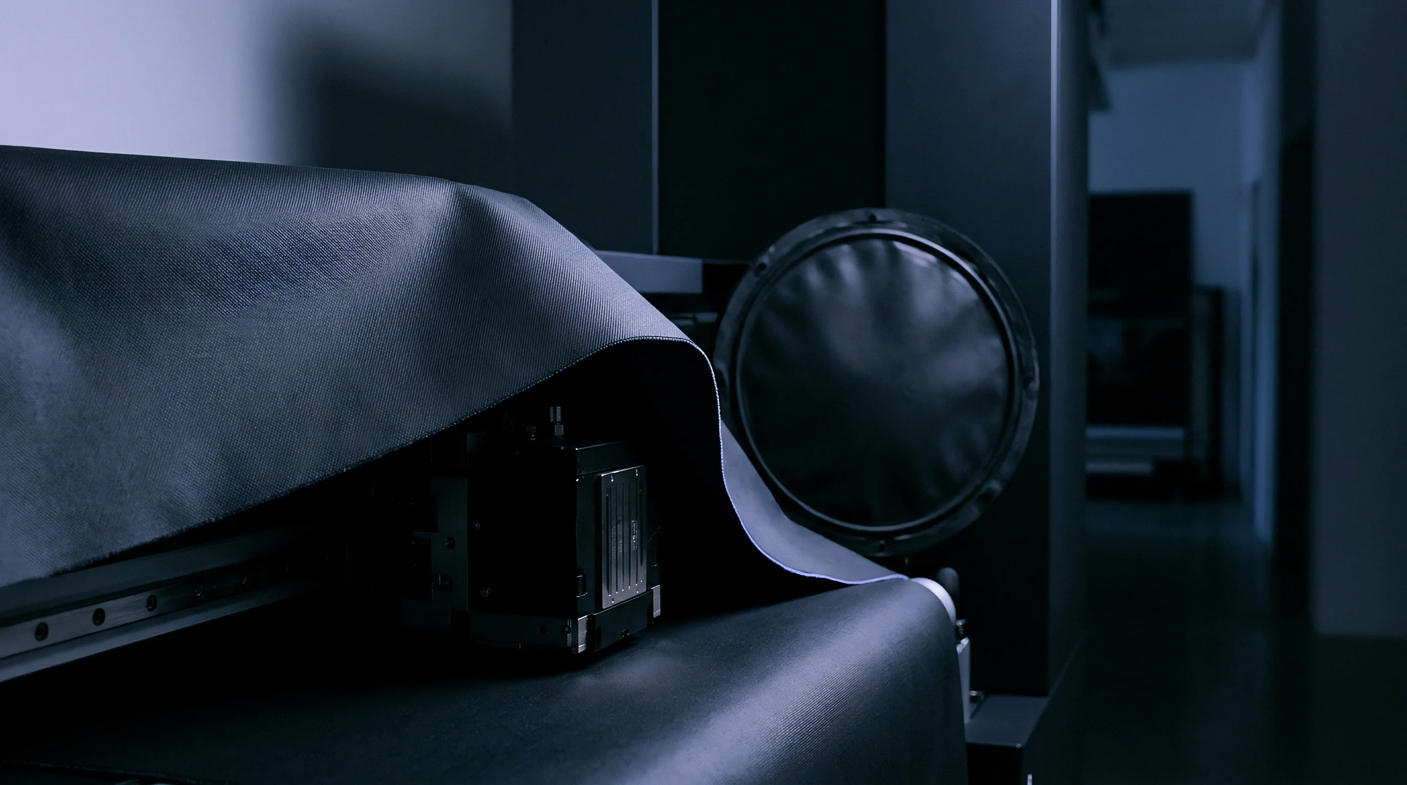 An automated cutting head moves over a sheet of dark synthetic textile material on a production line.