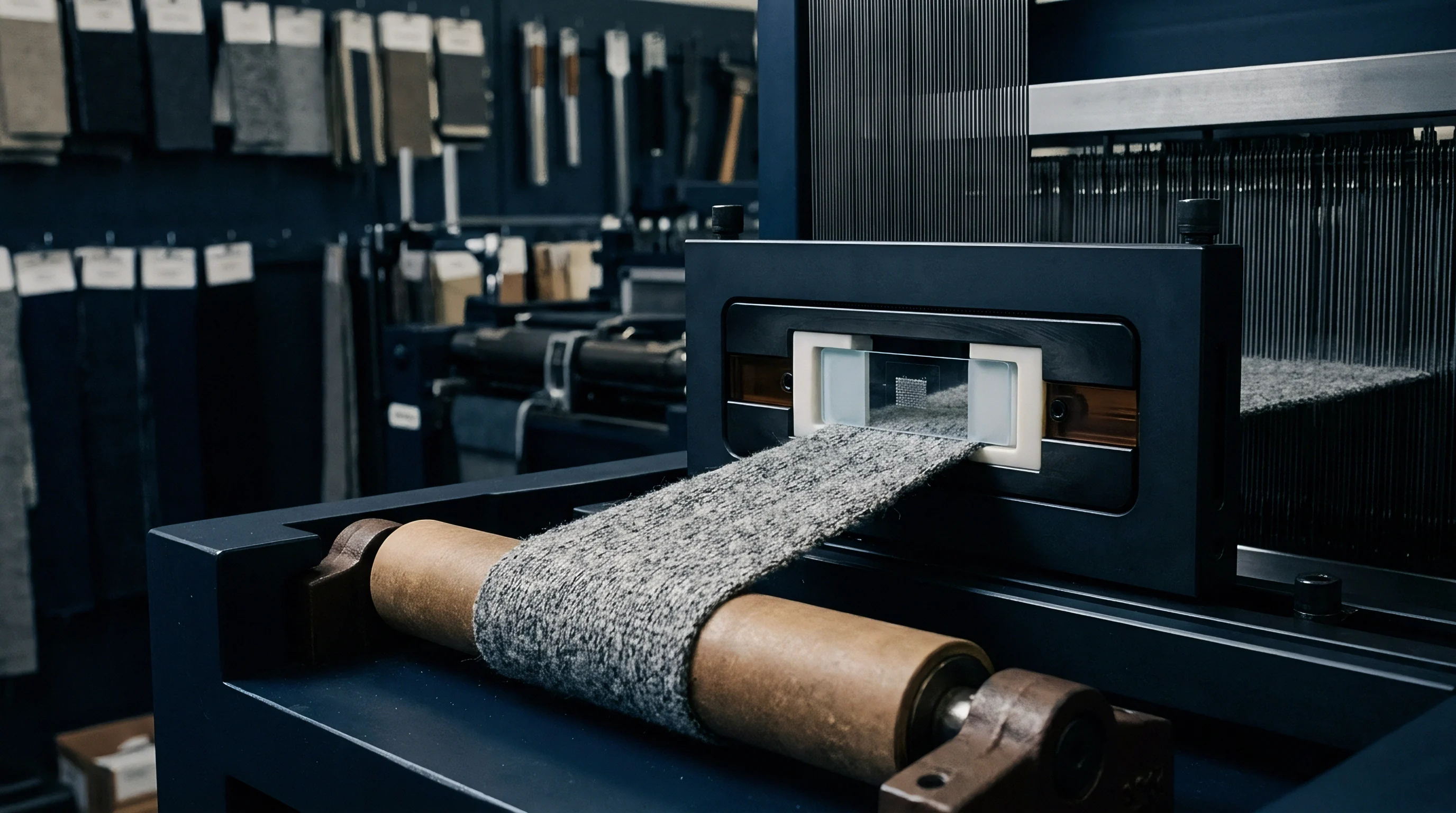 A gray heathered fabric strip moves through an industrial sensor housing within a textile laboratory or production facility inspection station.