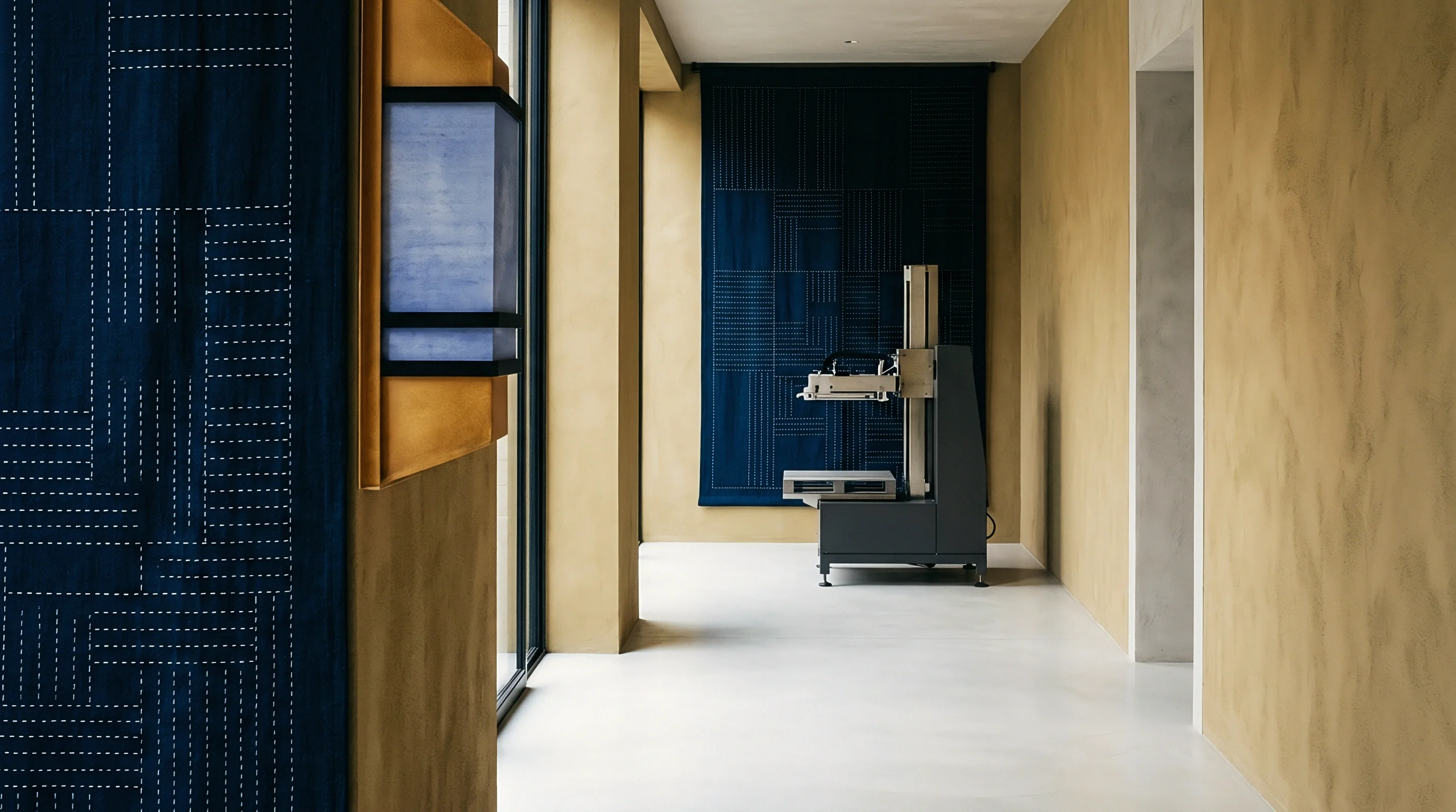 Modern automated textile machinery stands on a white floor between gold plaster walls adorned with indigo dyed stitched fabric tapestries.