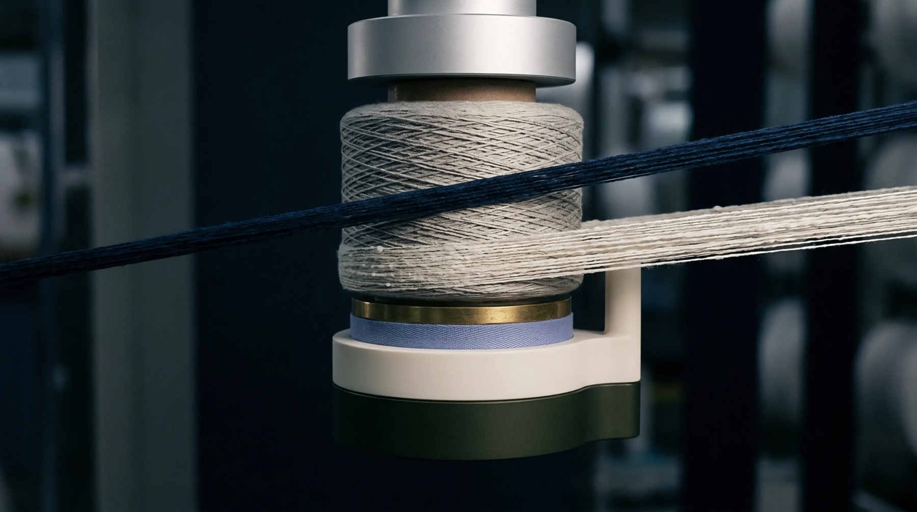 Multiple strands of white and blue yarns feed through an automated winding spindle holding a grey fiber spool in a textile mill.