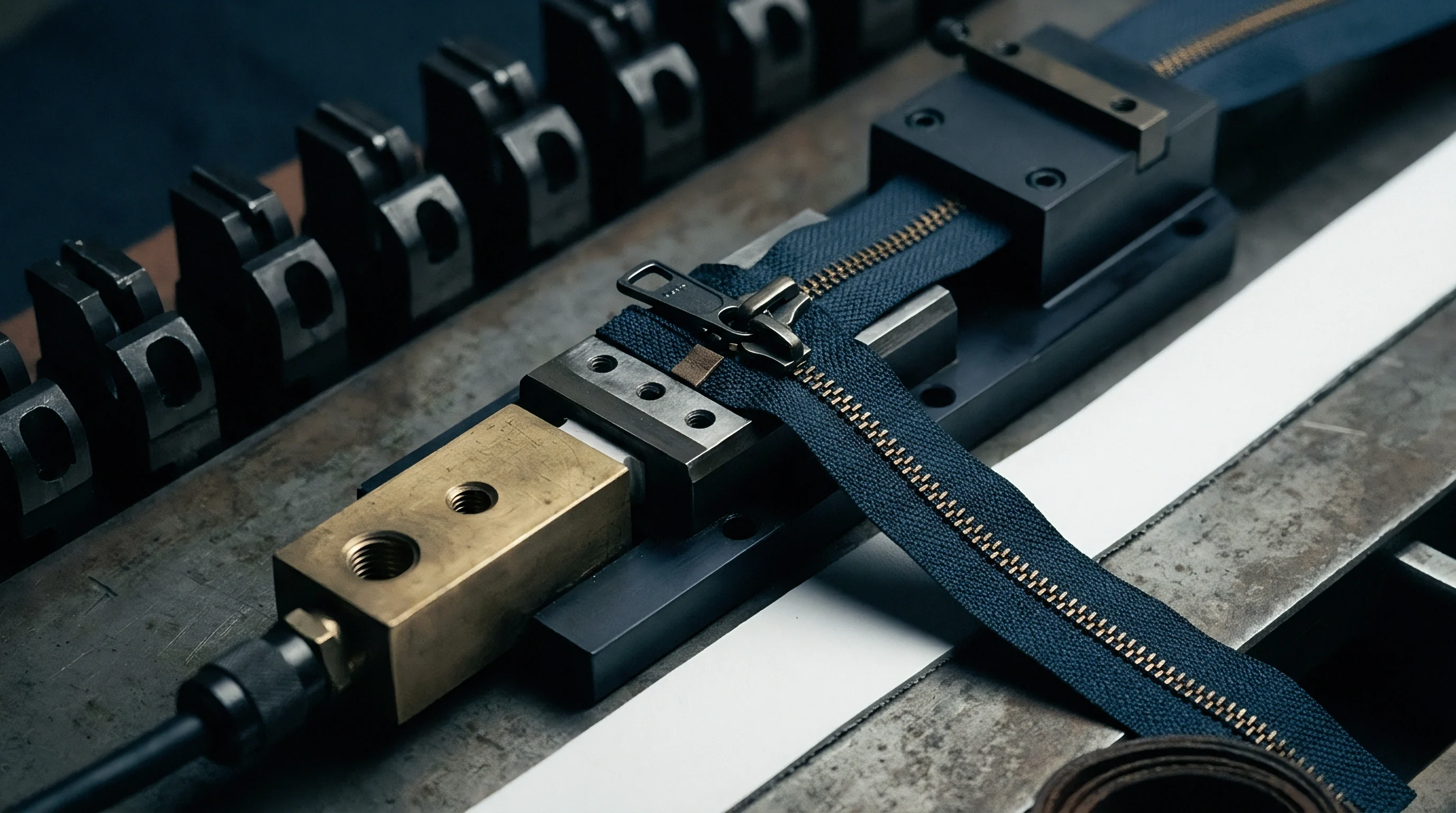 A dark blue zipper with metal teeth and slider is secured by industrial machinery designed for its production or testing.