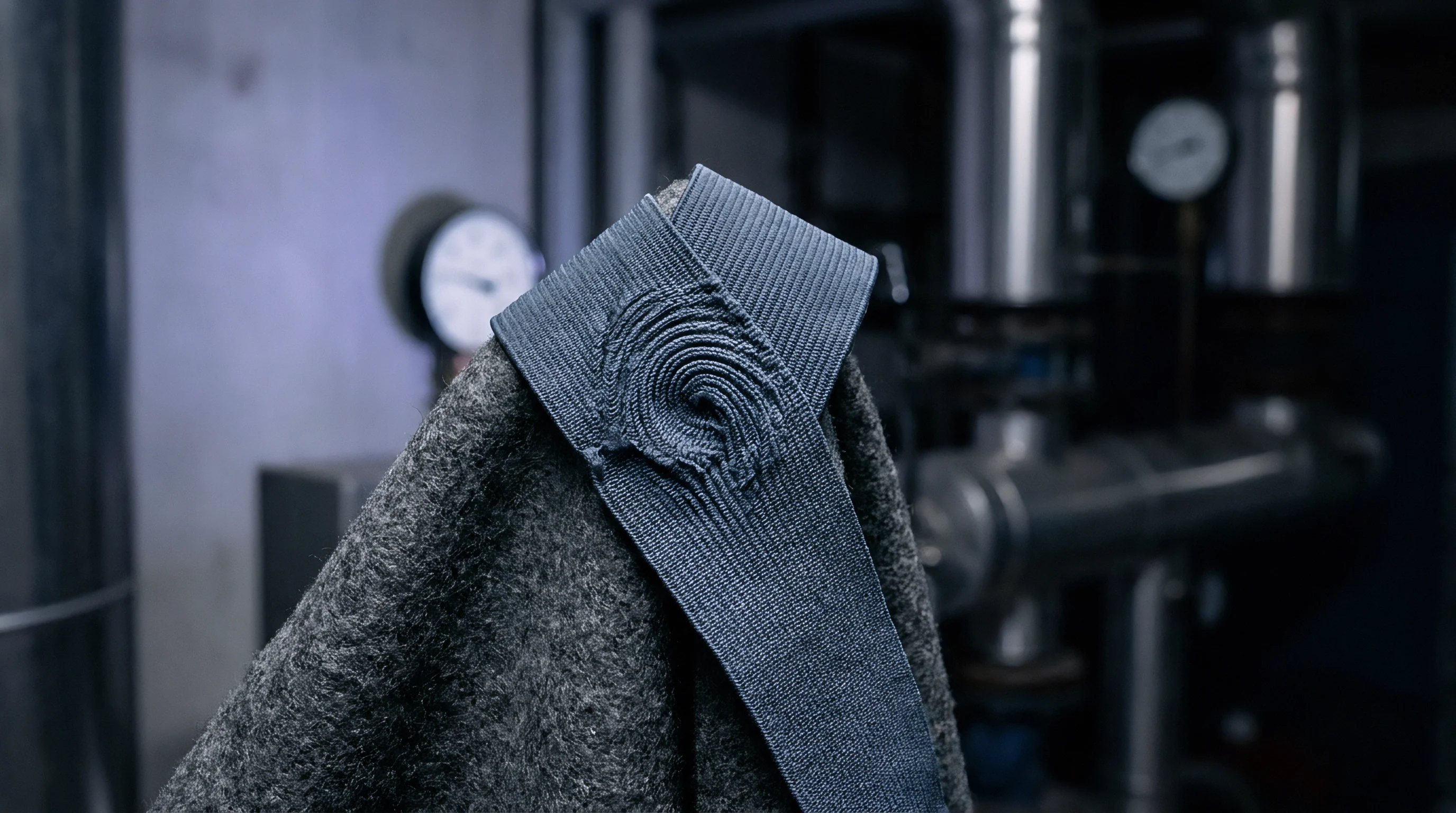 Heavy grey felted wool and a blue knitted elastic band featuring a pressed fingerprint pattern rest inside an industrial machinery plant.