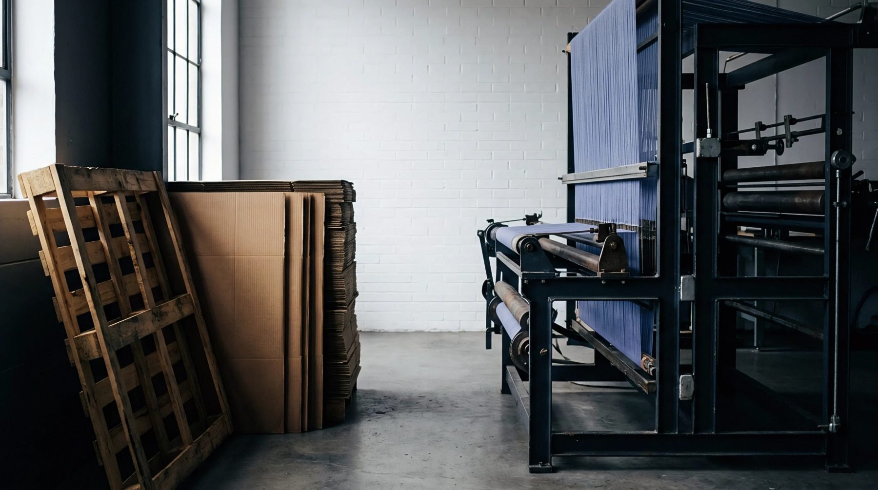 Blue warp yarns feed into a heavy steel weaving loom structure beside stacked cardboard sheets on a factory floor.