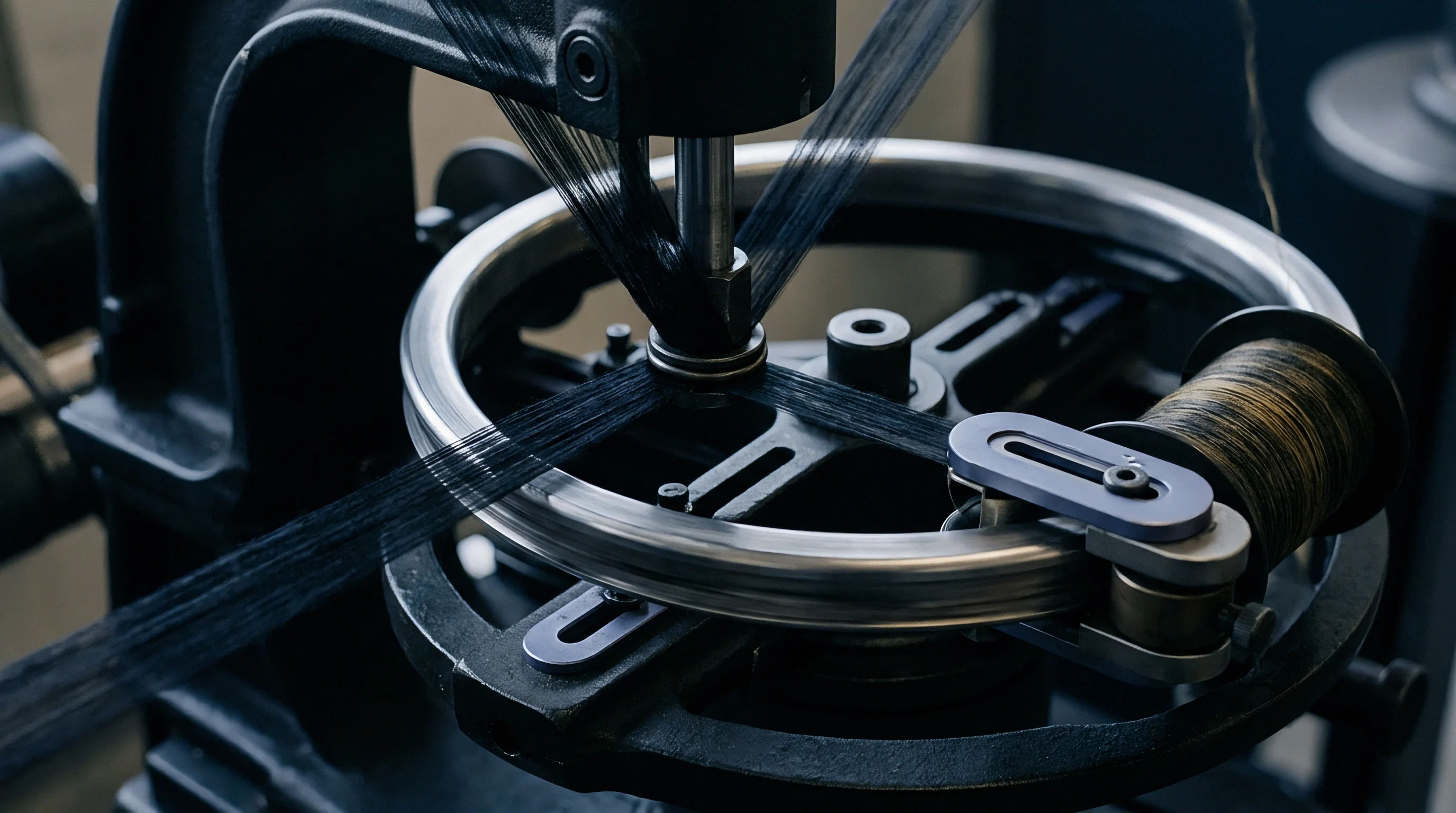 Black synthetic yarns converge through a central guide on a circular metal braiding mechanism to form a structured composite reinforcement.