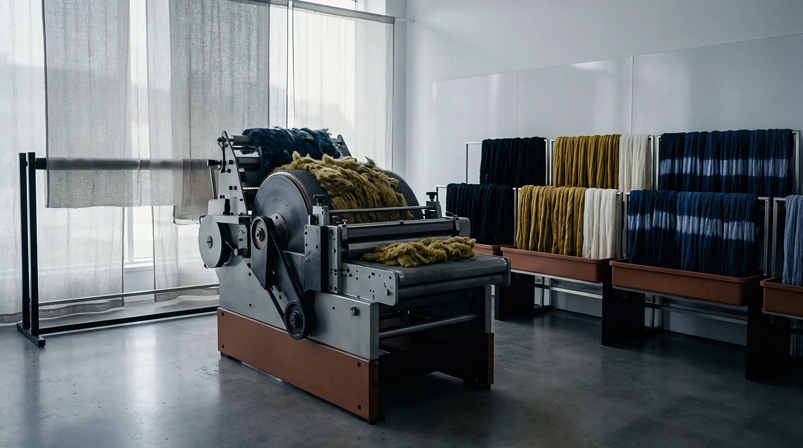 An industrial carding machine processes dyed raw fibre on a conveyor belt in a bright textile production laboratory.
