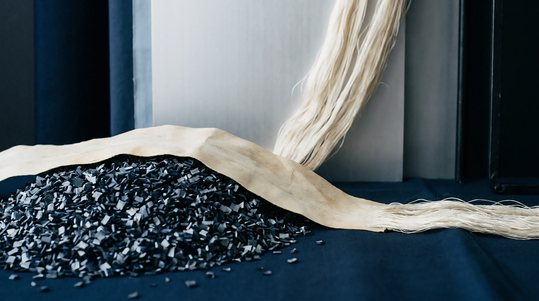 A quantity of light colored processed cellulosic textile fibers and dark shredded polymer feedstock rests on a dark blue surface.