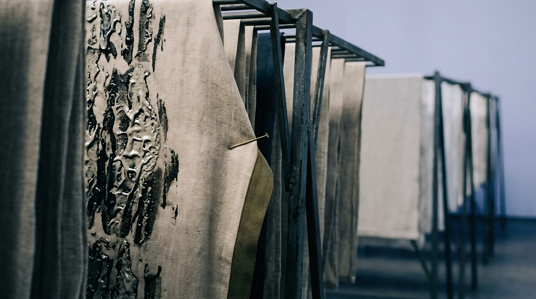 Heavy woven textile panels with glossy dark resin coatings hang from rows of industrial metal drying frames in a production studio.