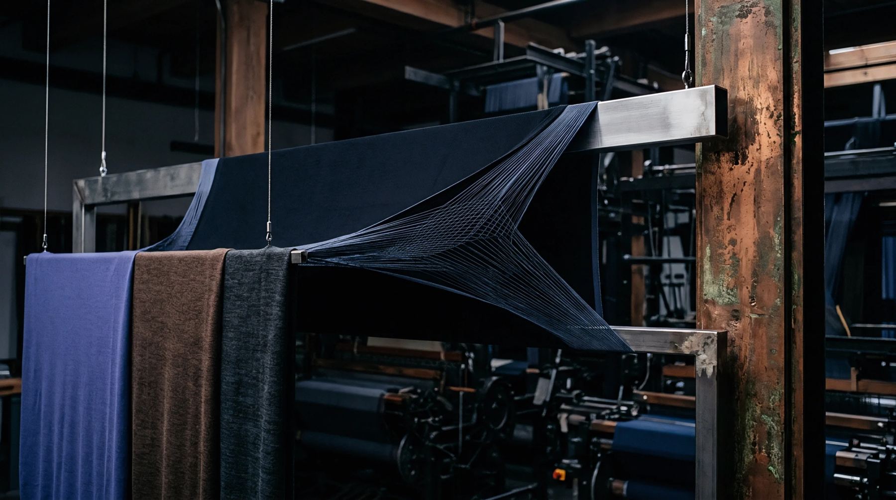 Suspended navy fabric panels display intricate warp thread tensioning inside a dim industrial weaving mill filled with heavy machinery.