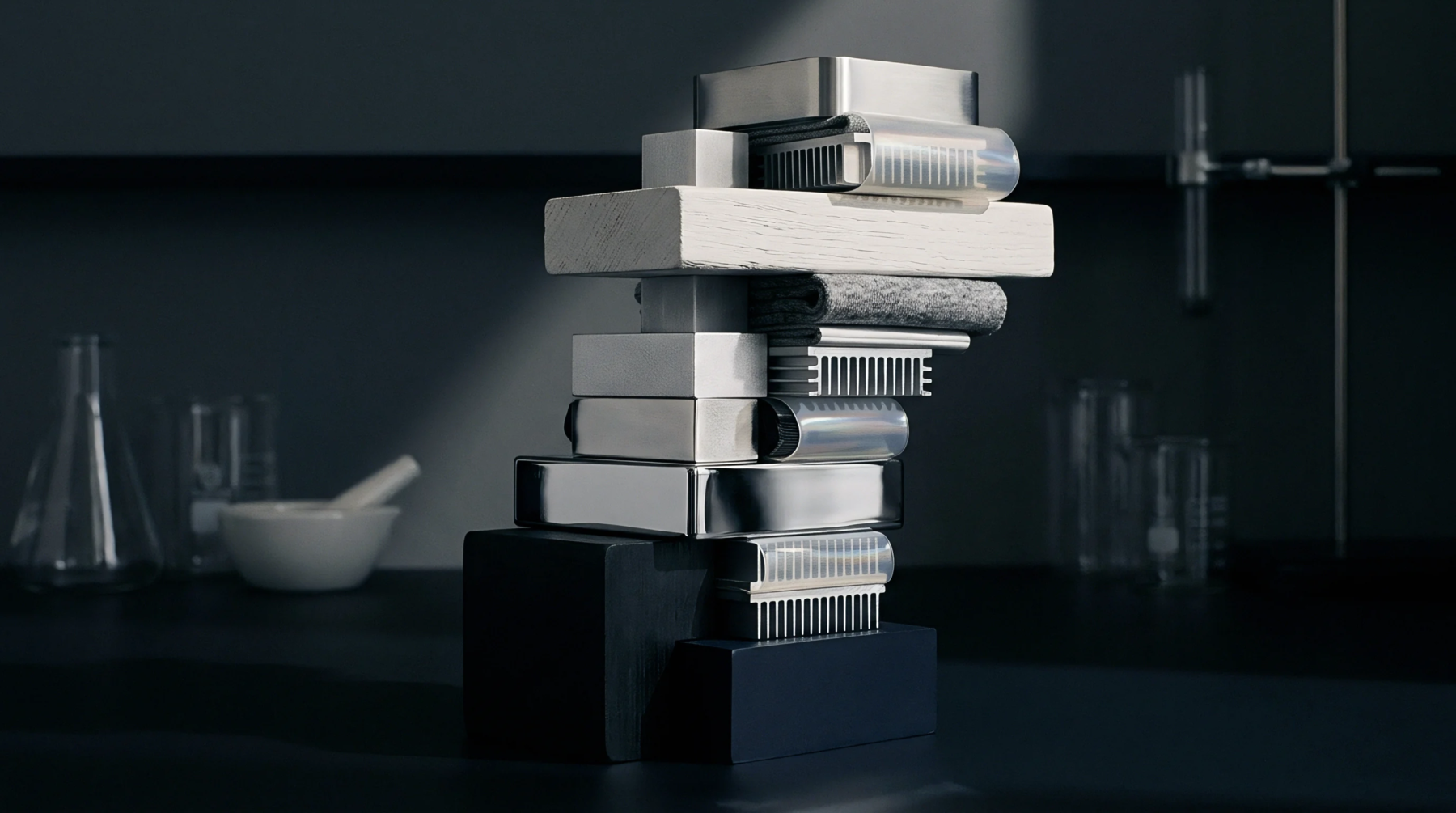 Diverse material samples featuring textiles and polymers and treated metals stack vertically on dark blocks inside a dim laboratory workspace.