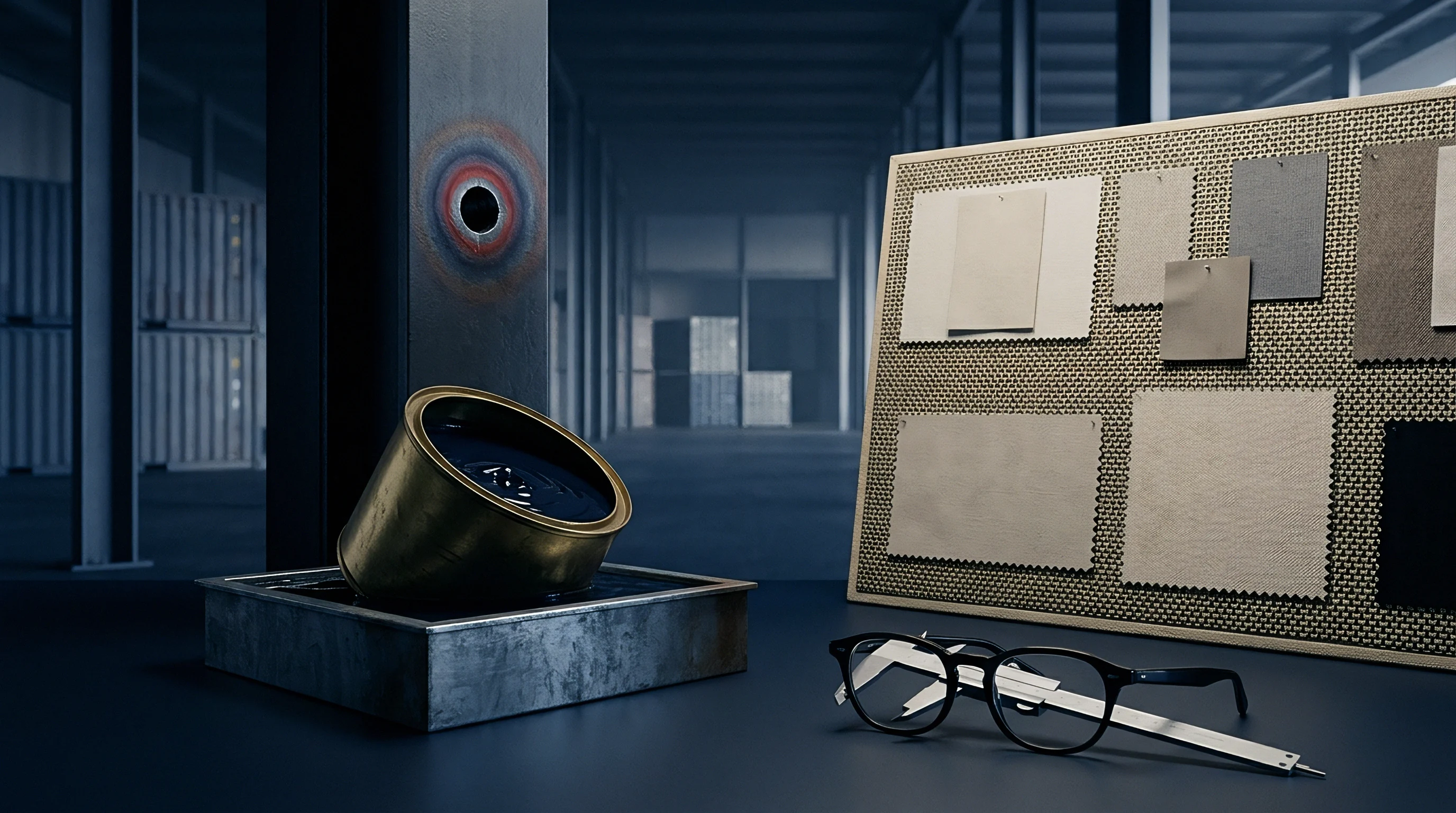 Computer rendered industrial facility interior displays neutral woven fabric swatches pinned near a metal container holding dye liquor.