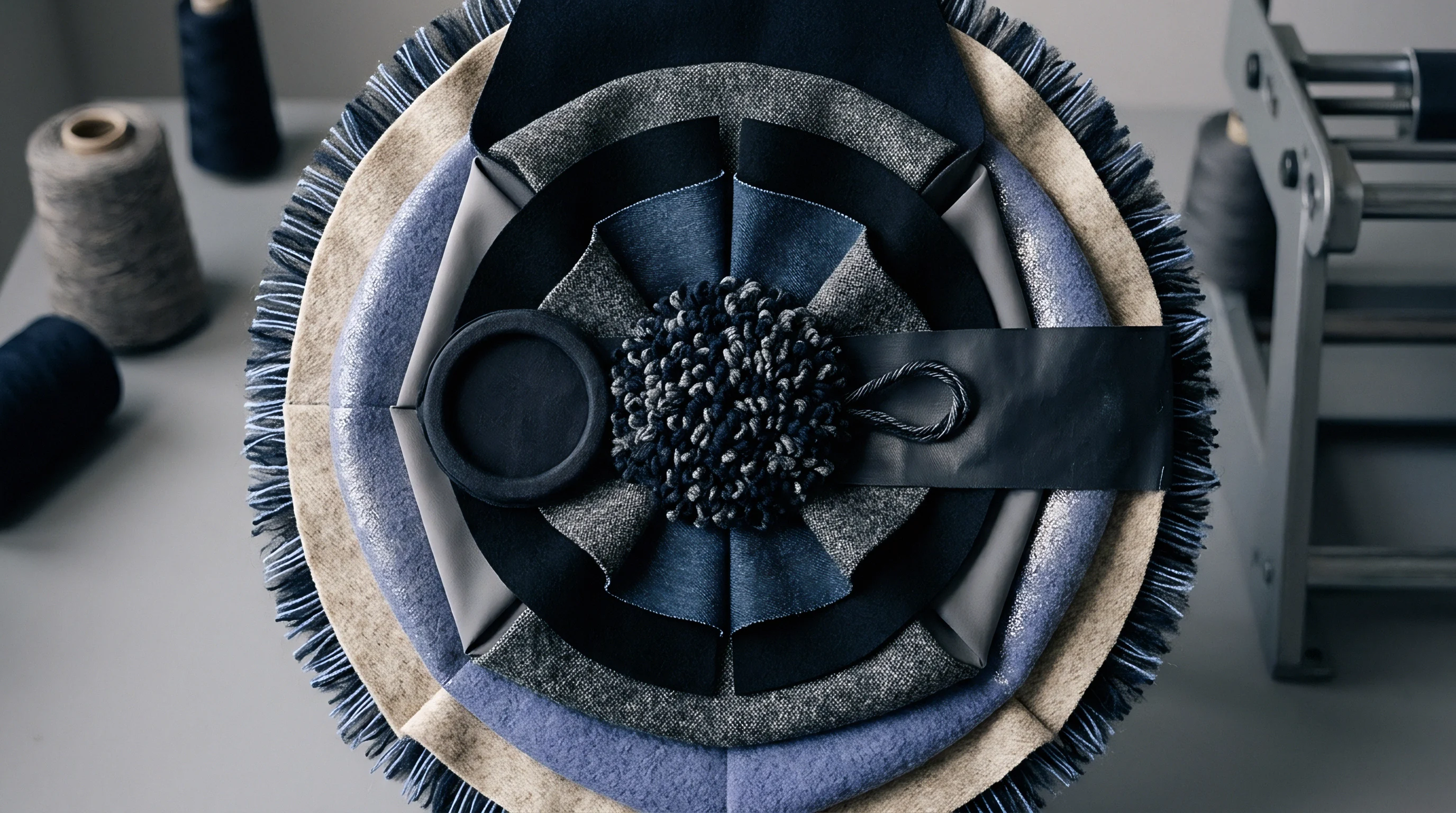 A circular fabric assemblage combines diverse yarn dyed textiles, felted wool, fringed borders, and a central pom pom on a grey studio table.