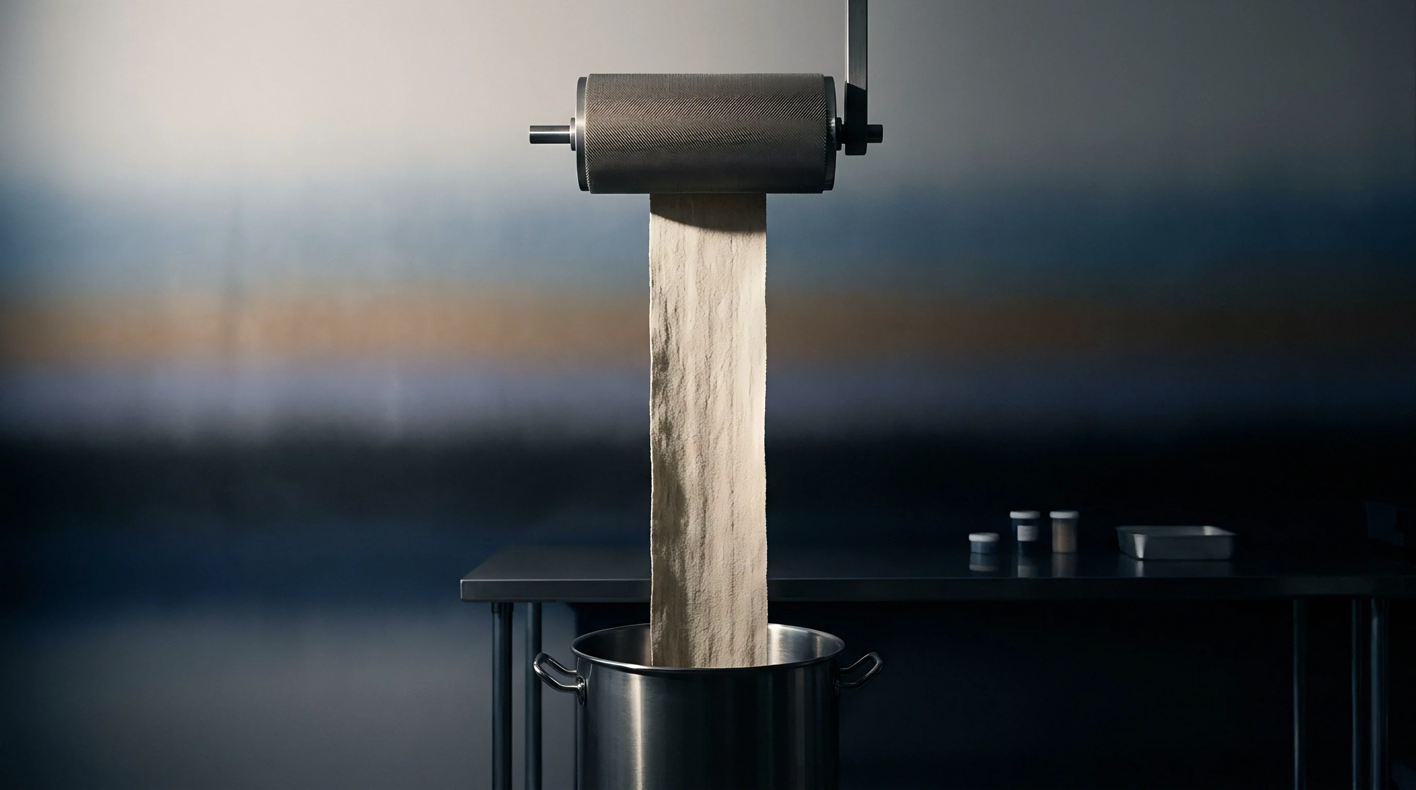A continuous sheet of light-colored technical textile feeds from an elevated roller into a stainless steel processing vat in a digital render.