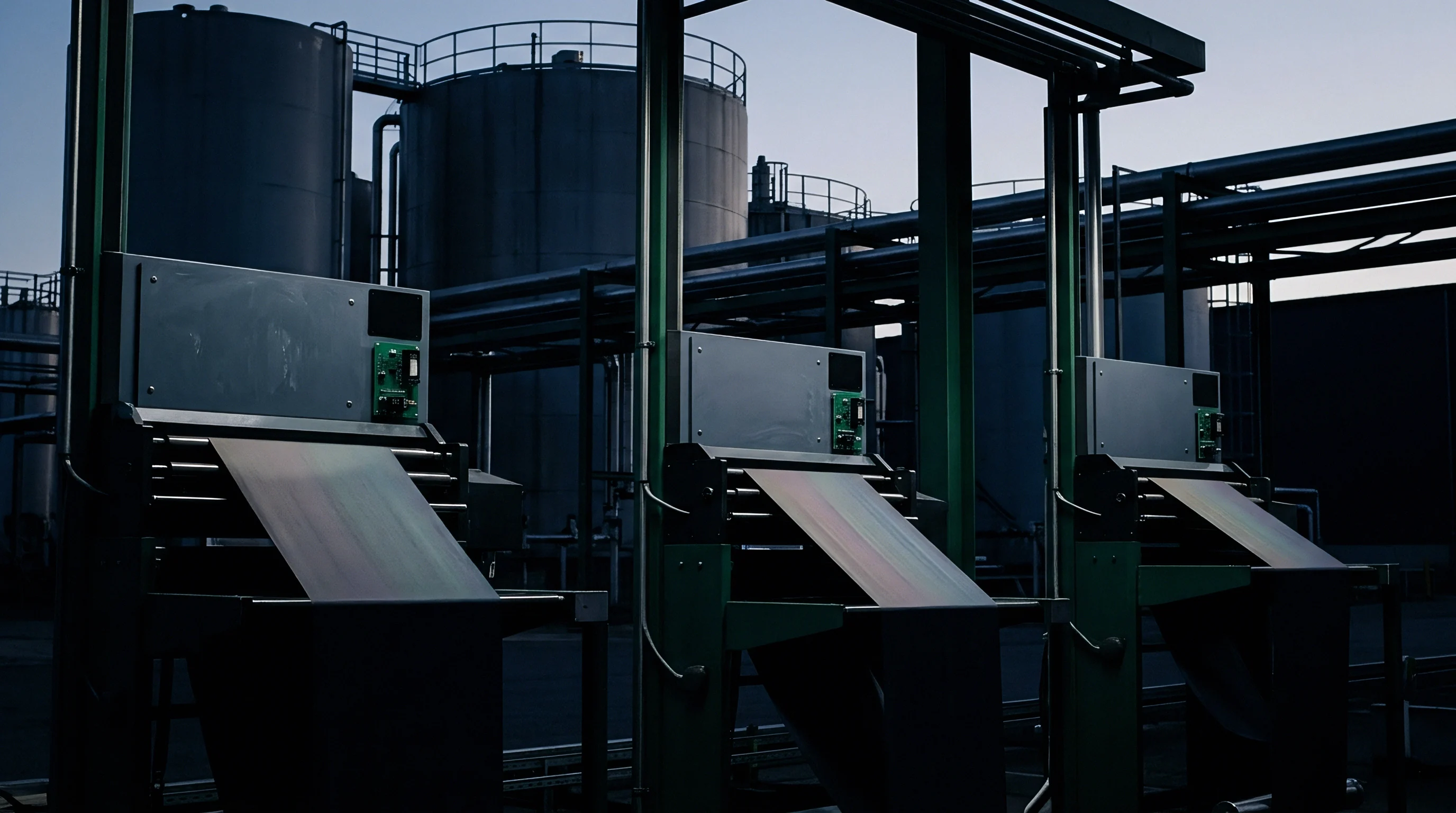 Three industrial processing stations feed continuous sheets of material through rollers for specialized textile finishing within a large production facility.