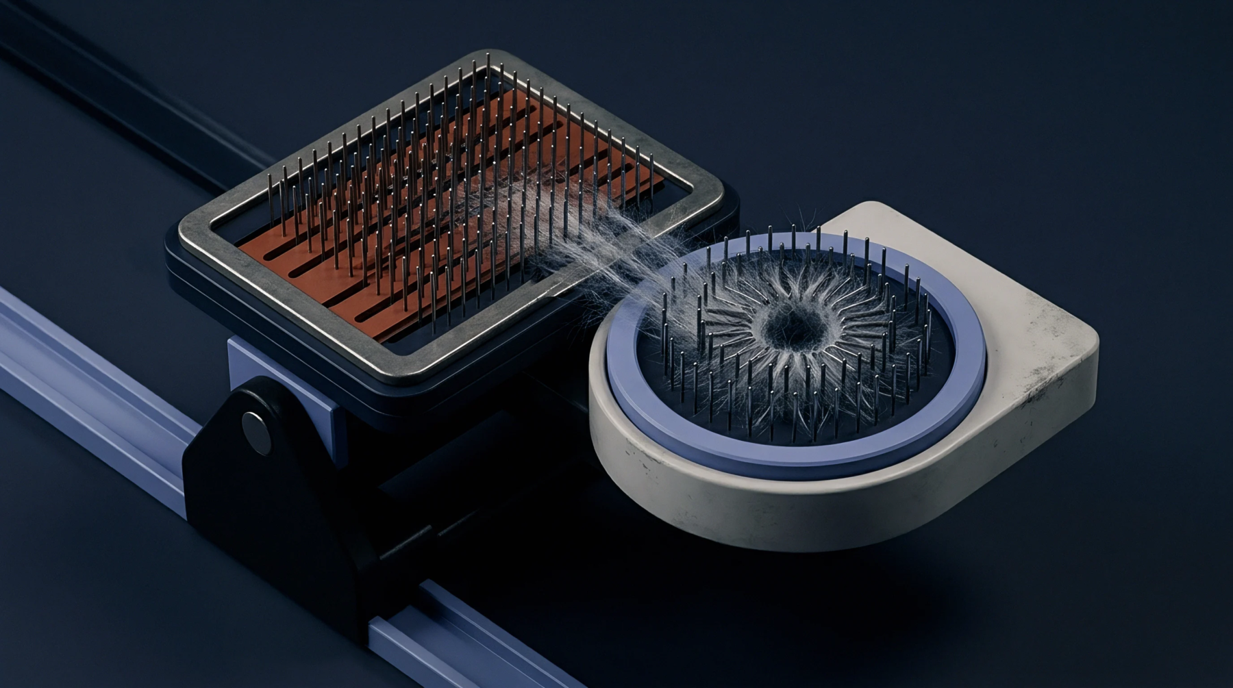 A 3D digital render shows a metallic combing mechanism aligning fine white synthetic fibres between a rectangular plate and a circular array.