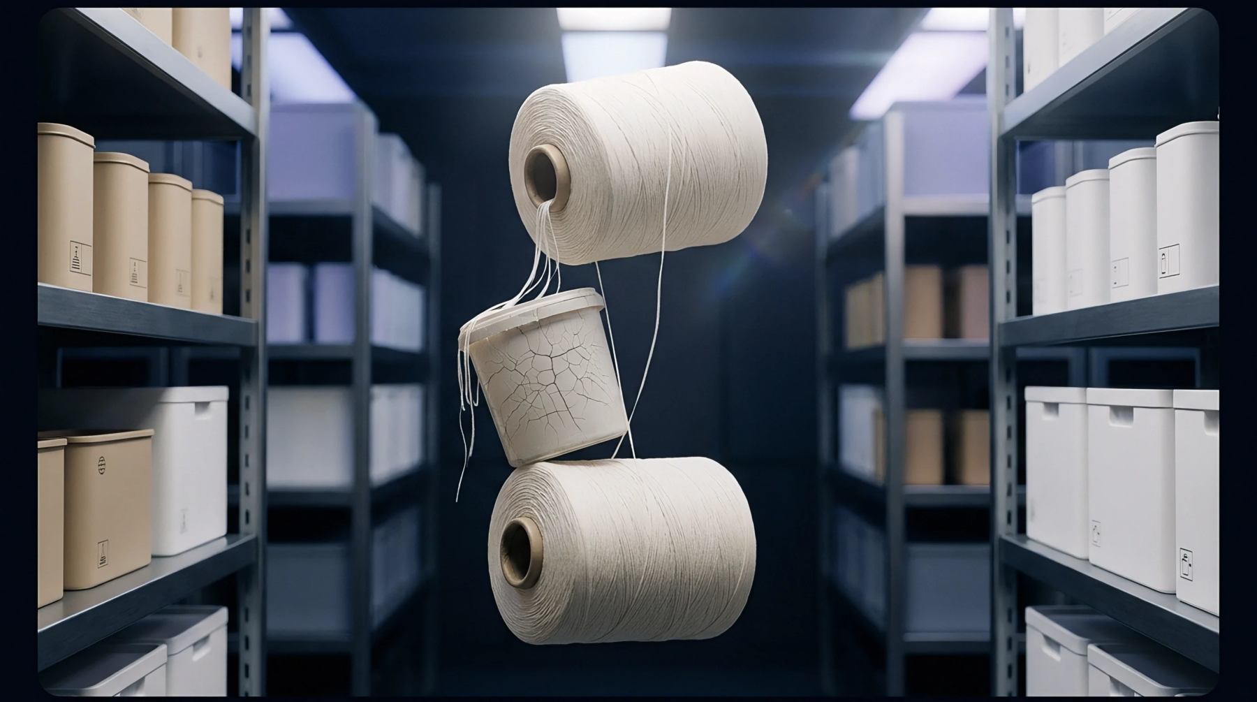 A digital illustration presents two white yarn cones suspended with a cracked ceramic container inside a darkened storage warehouse facility.
