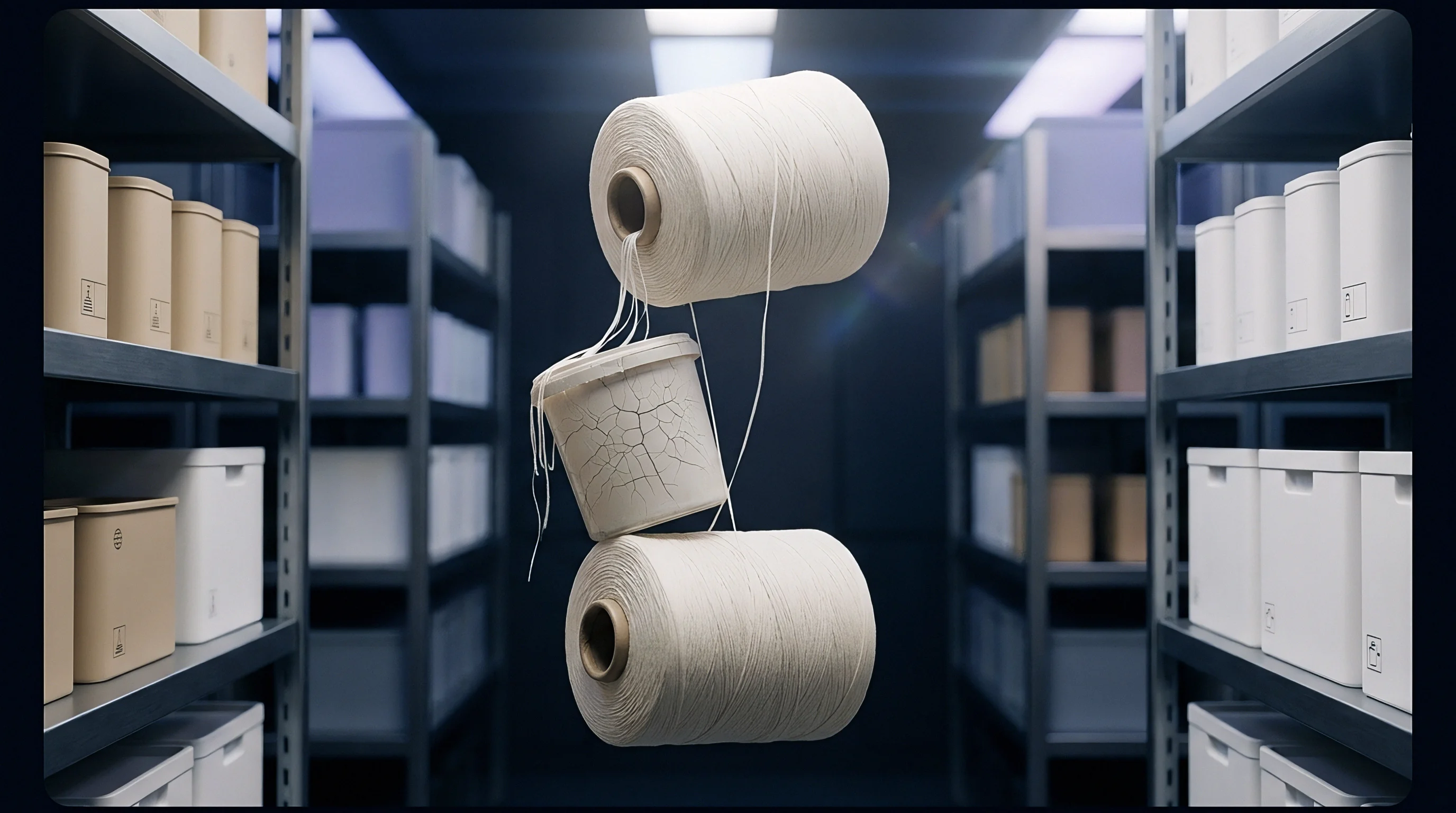 A digital illustration presents two white yarn cones suspended with a cracked ceramic container inside a darkened storage warehouse facility.