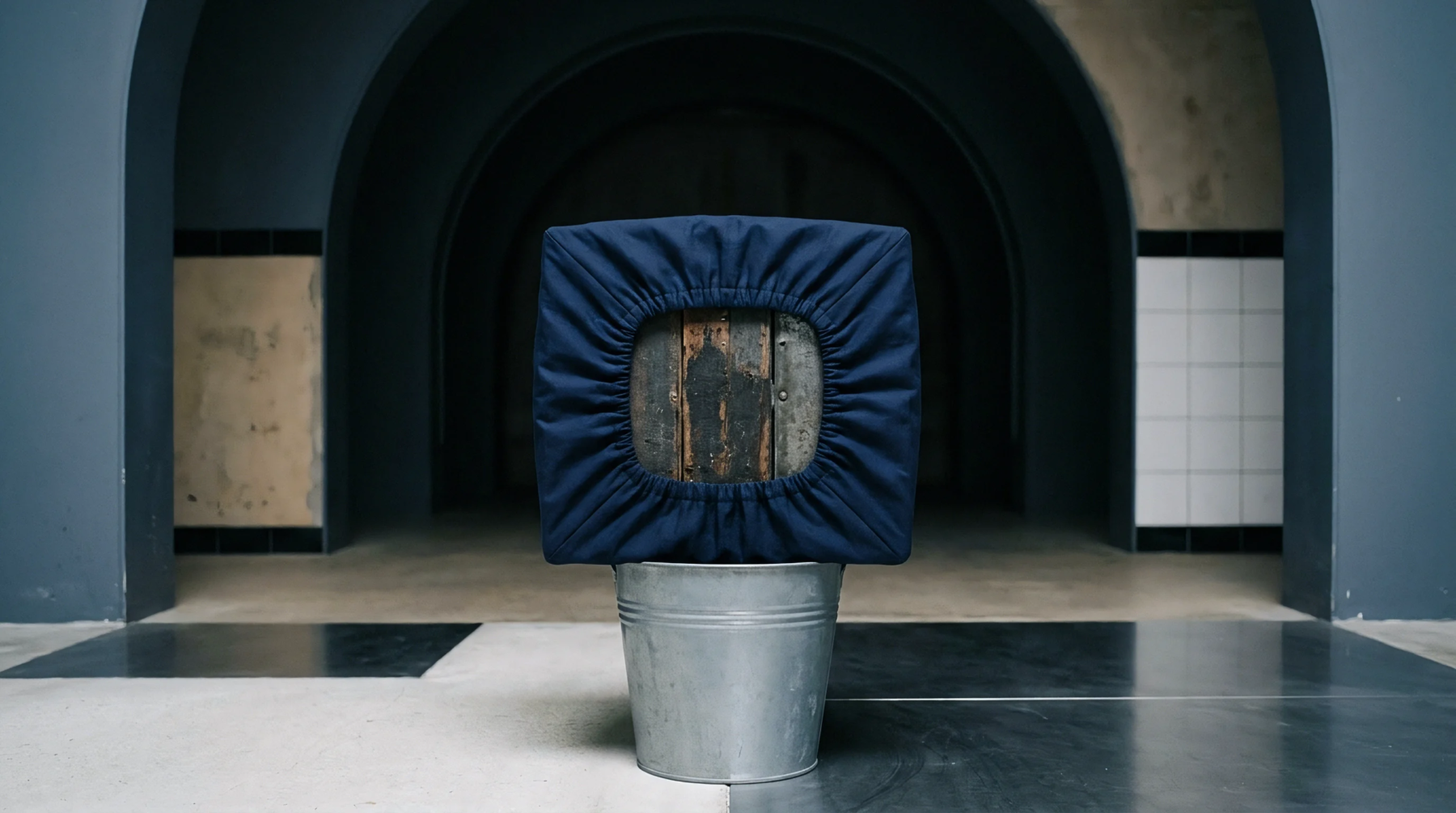 A navy blue elasticated technical fabric cover stretches over a square wooden block positioned atop a galvanized metal bucket within an arched architectural space.