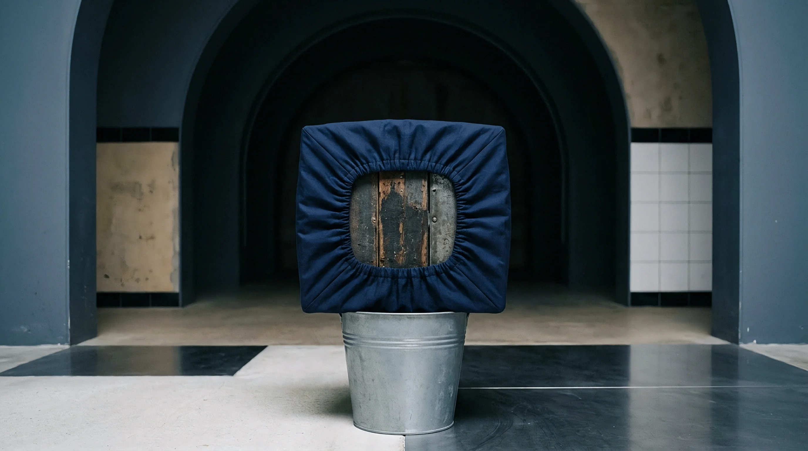 A navy blue elasticated technical fabric cover stretches over a square wooden block positioned atop a galvanized metal bucket within an arched architectural space.