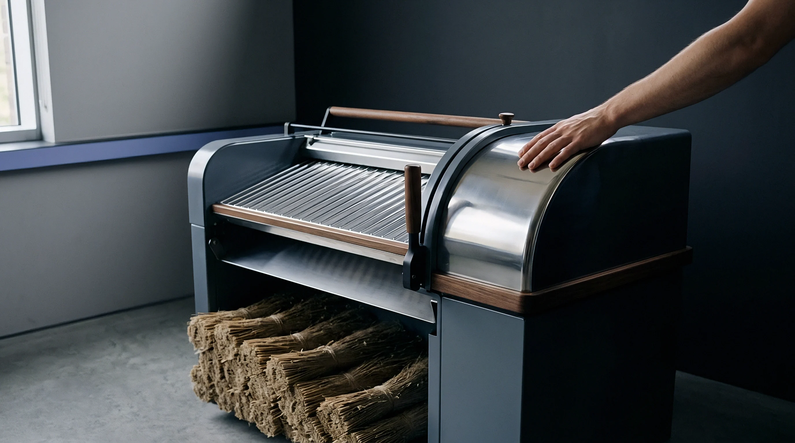 A contemporary industrial unit with a metallic top and ribbed fiber handling area stands next to stacked bundles of natural plant fibers.