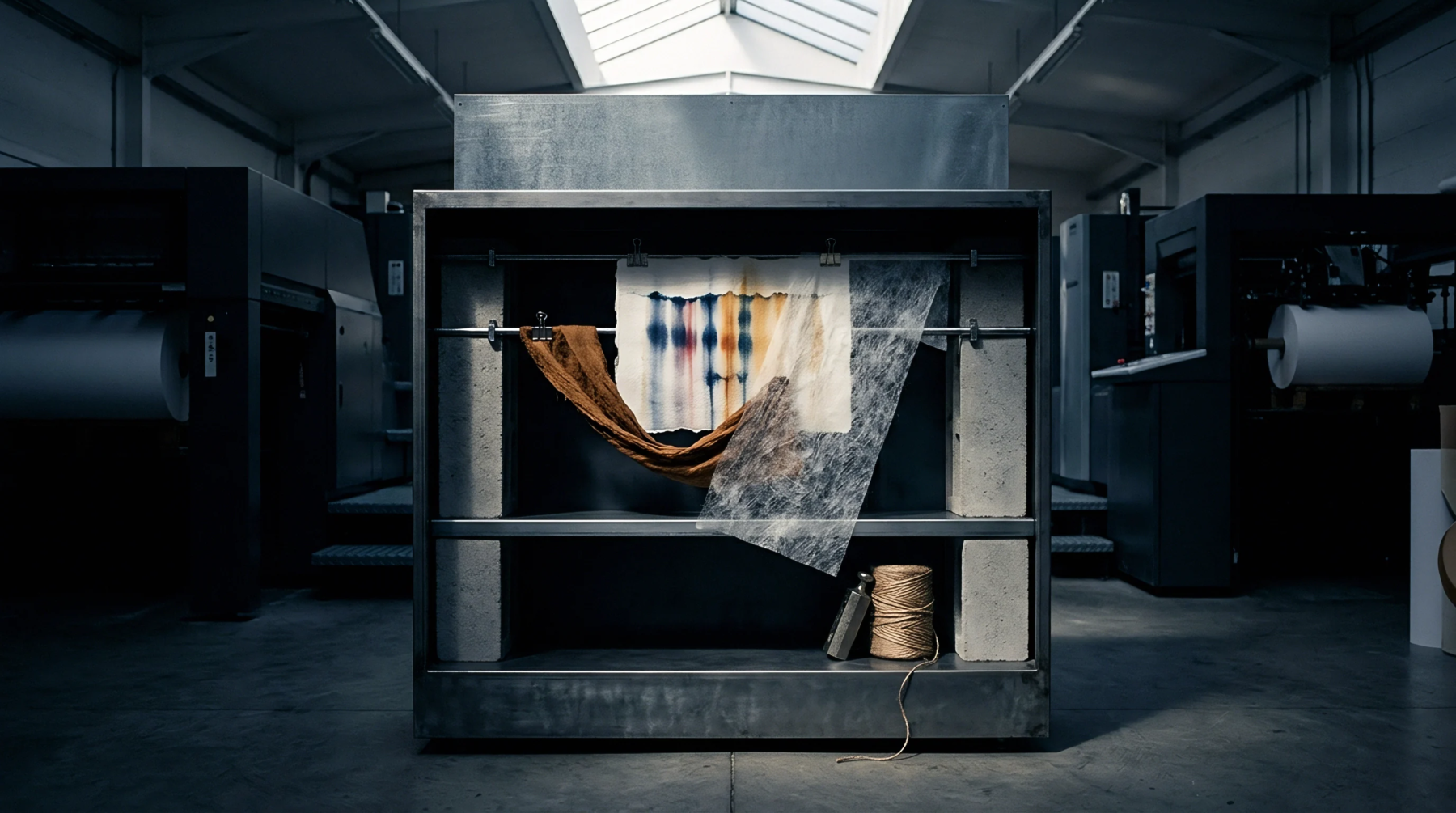 Diverse textile samples including dyed gradient fabric and fibrous white sheeting hang from a metallic frame within a darkened industrial production facility.