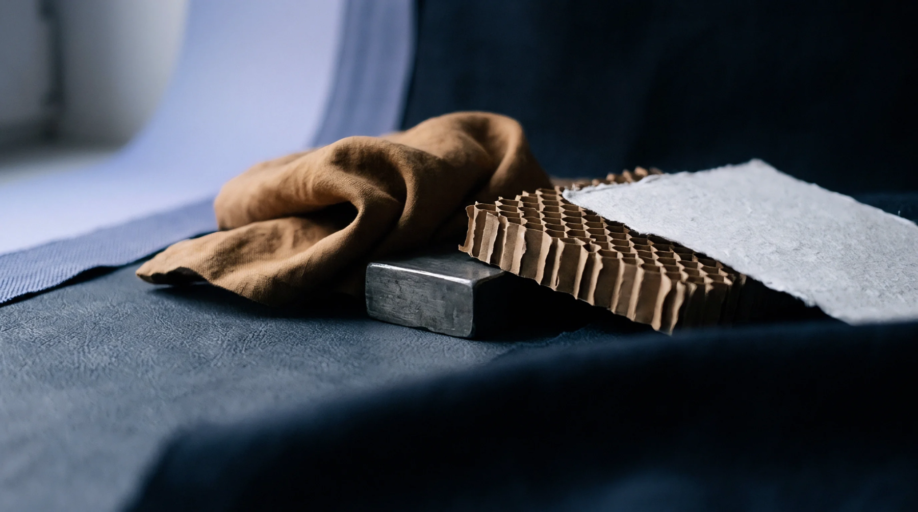 A variety of materials including woven textiles, a metal block, corrugated honeycomb, and textured paper are arranged on a dark fabric surface.