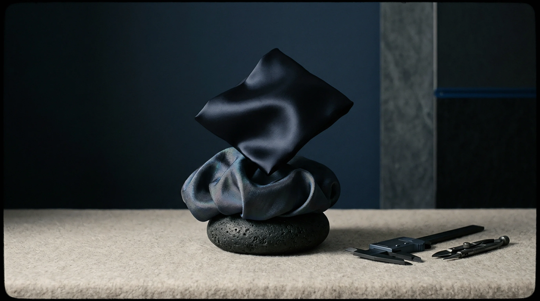 Dark woven silk fabric drapes over a textured volcanic rock beside precision metal measuring instruments resting on a neutral woven surface.