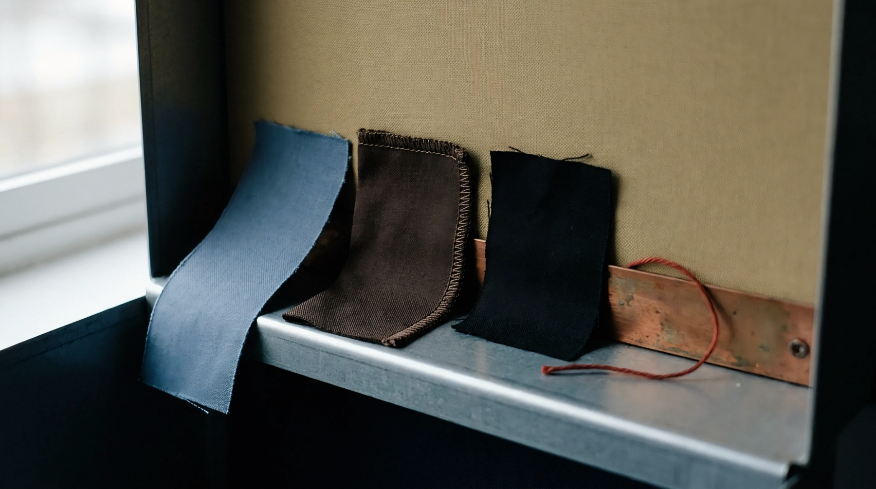 Three different fabric material swatches are presented side-by-side on a metallic surface, showcasing distinct textures and colors.