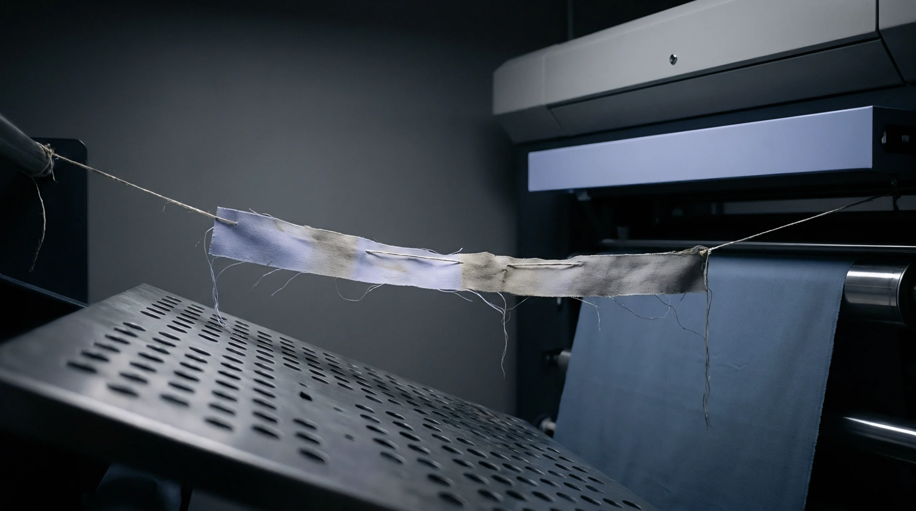 A narrow fabric swatch showing uneven gray coloration hangs from a tension cord across a metal grate in an industrial textile facility.