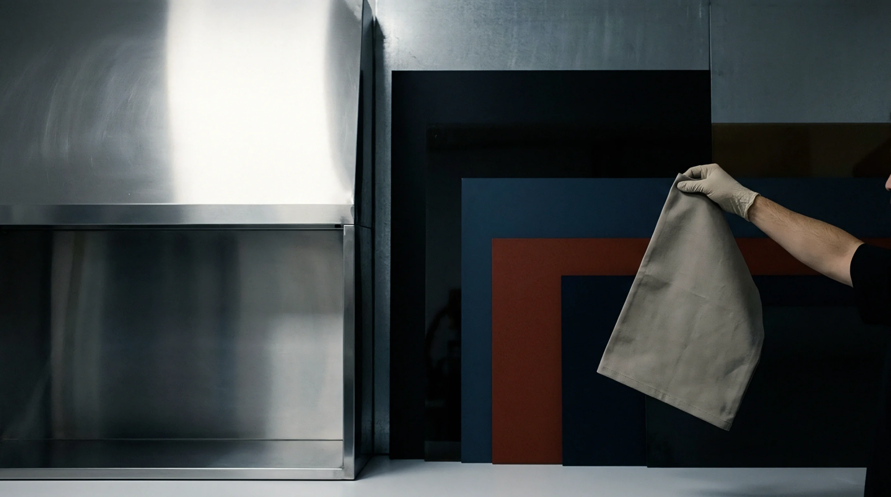 A gloved hand holds a neutral fabric swatch against a display of various industrial material panels in a laboratory setting.